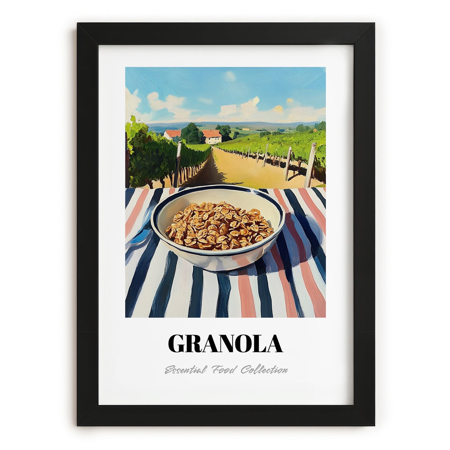 Granola0 – Hilltop Table Scene, American Food Painting, in sleek black frame