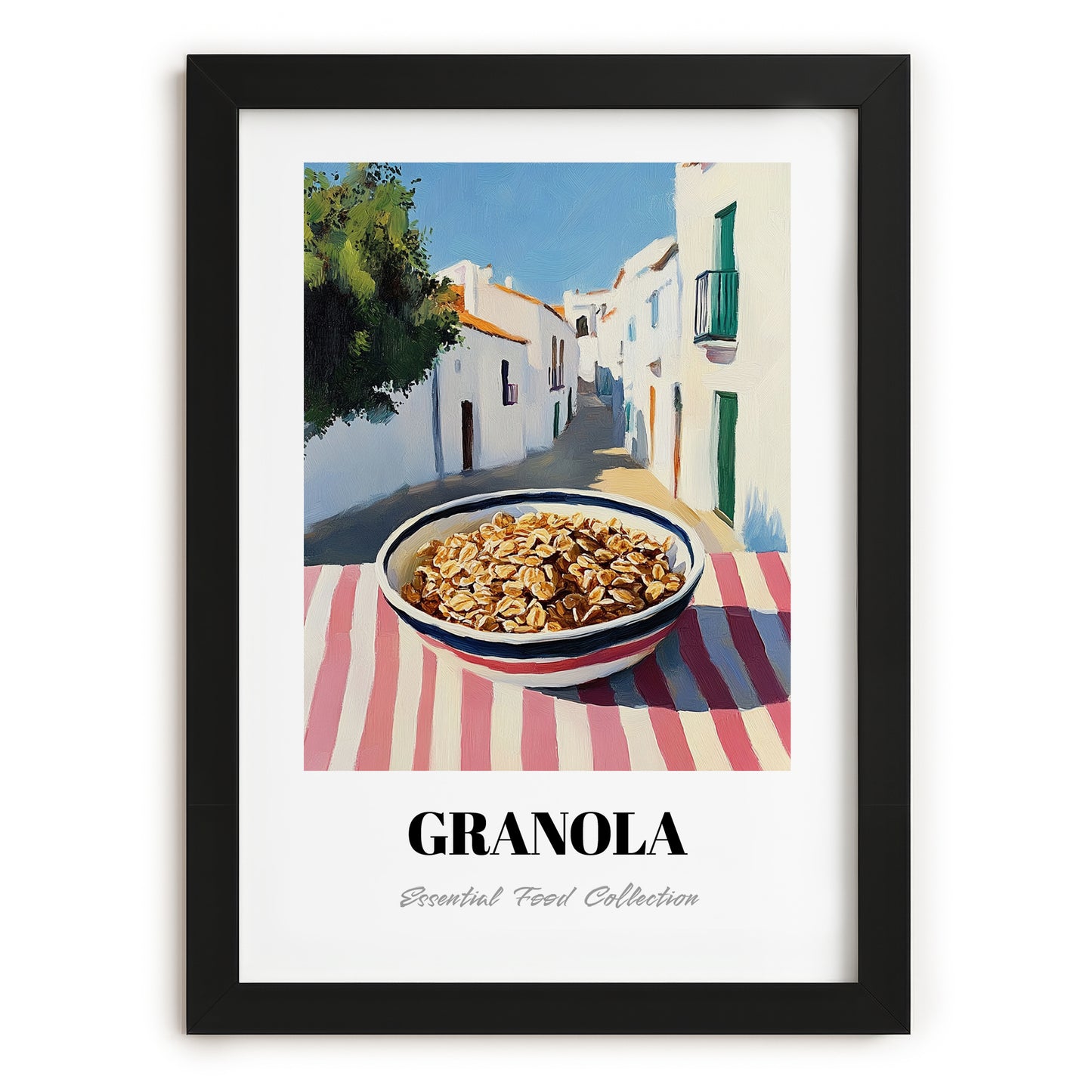 Granola1 – White village Urban Café Scene, American Food Wall Print, in sleek black frame