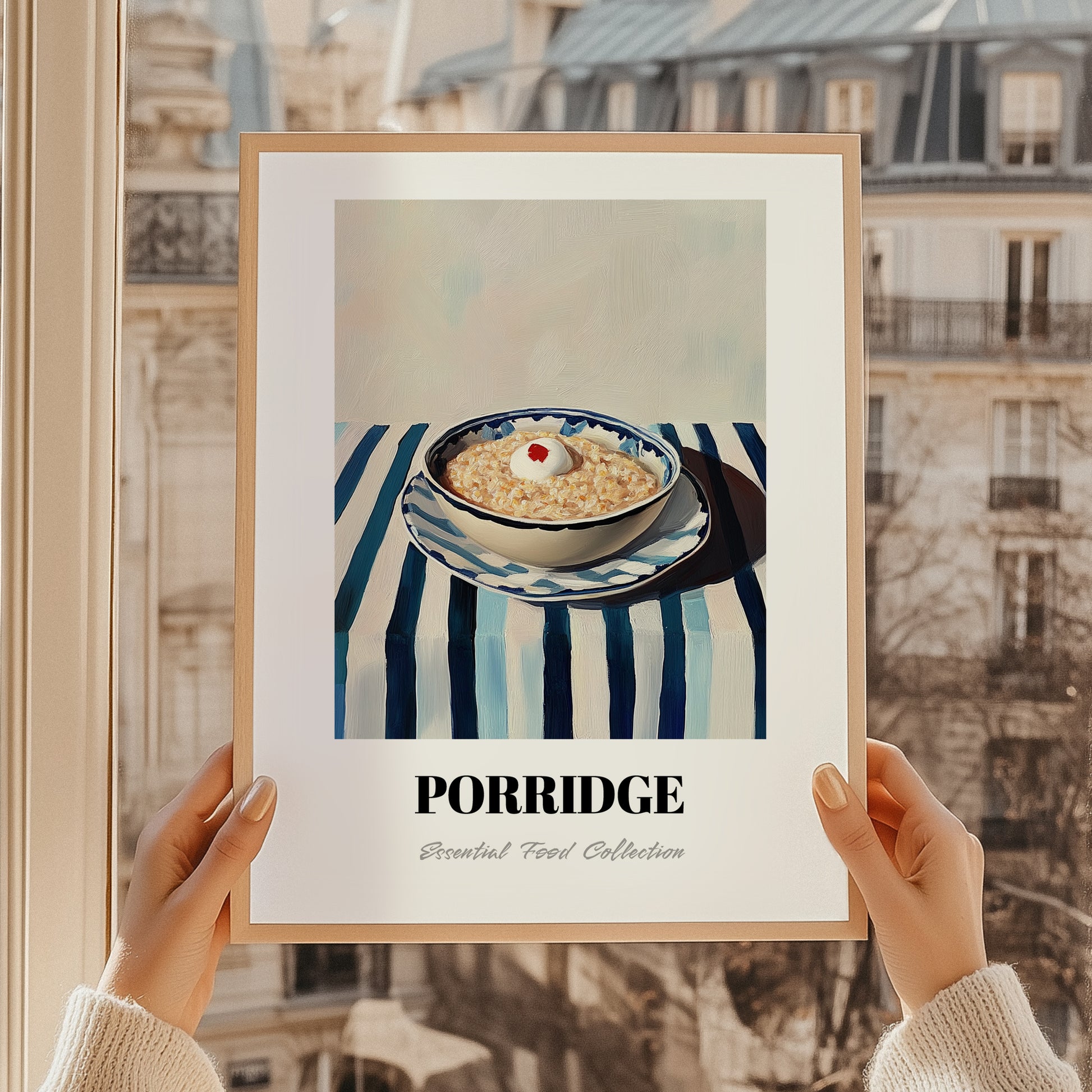 Porridge – on Striped Tablecloth, British Food Painting, styled in a charming Paris street view