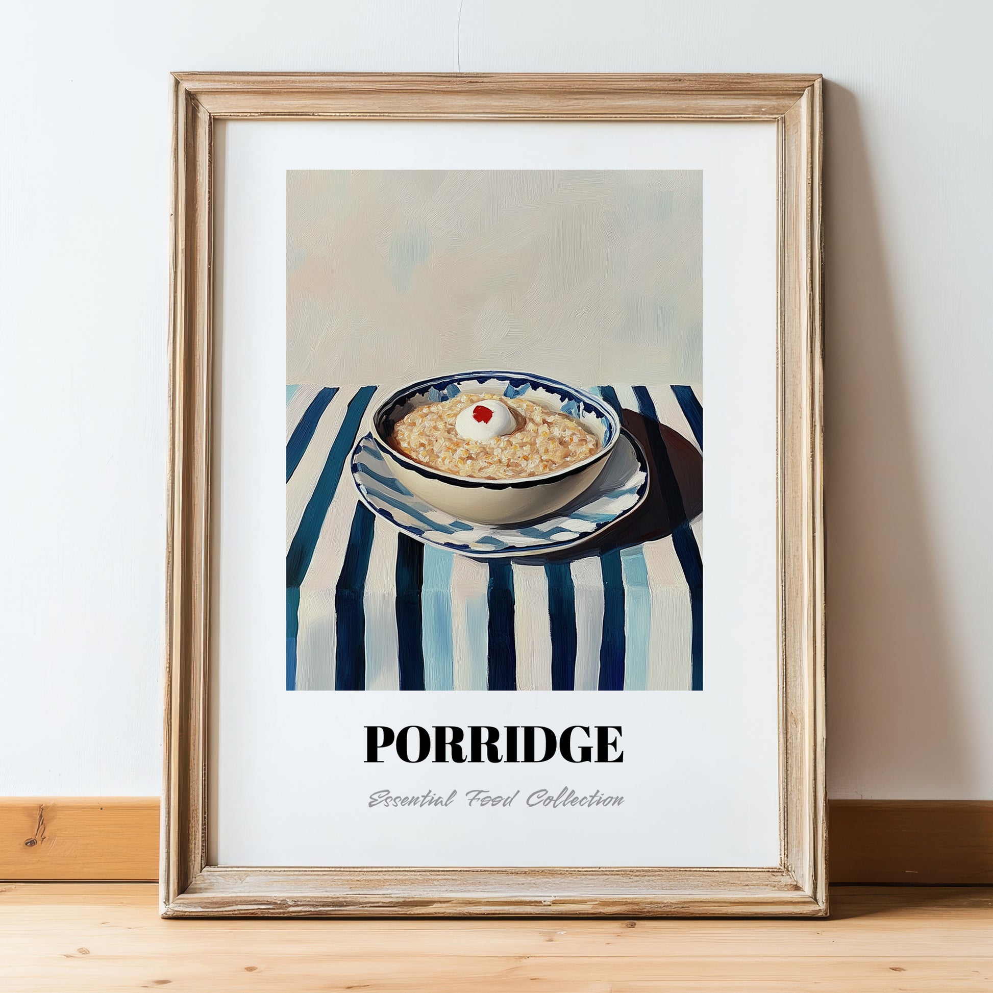 Porridge – on Striped Tablecloth, British Food Painting, in wooden frame leaning on the floor