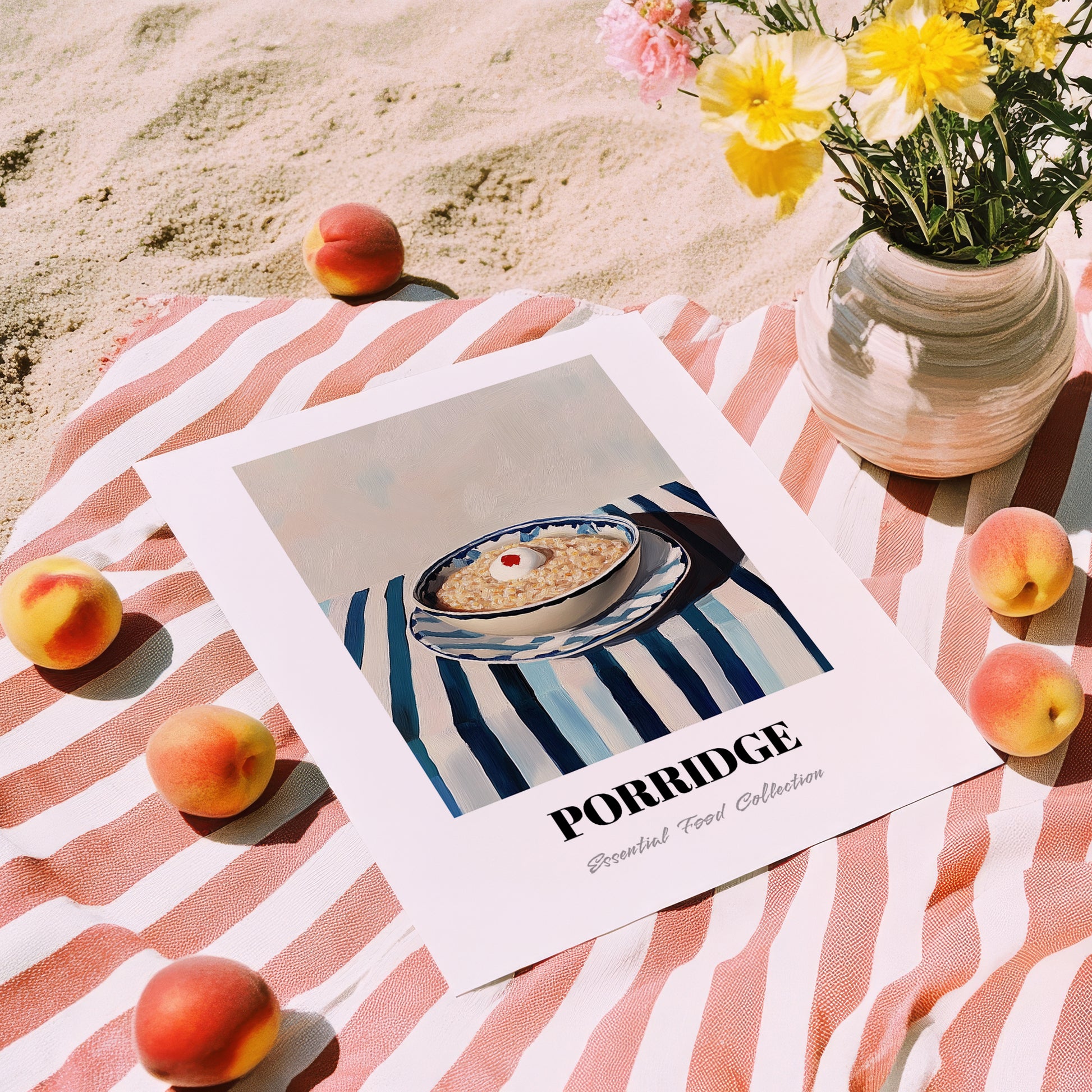 Porridge – on Striped Tablecloth, British Food Painting, unframed on coastal sand