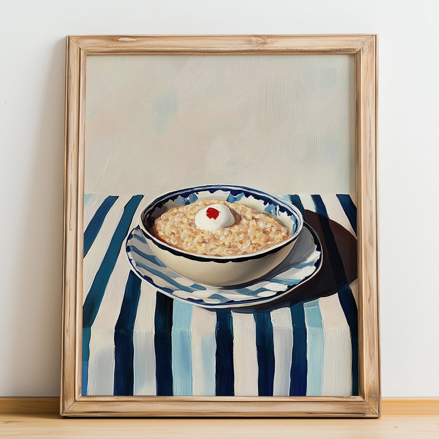 Porridge – on Striped Tablecloth, British Food Painting, no-text version framed in wood