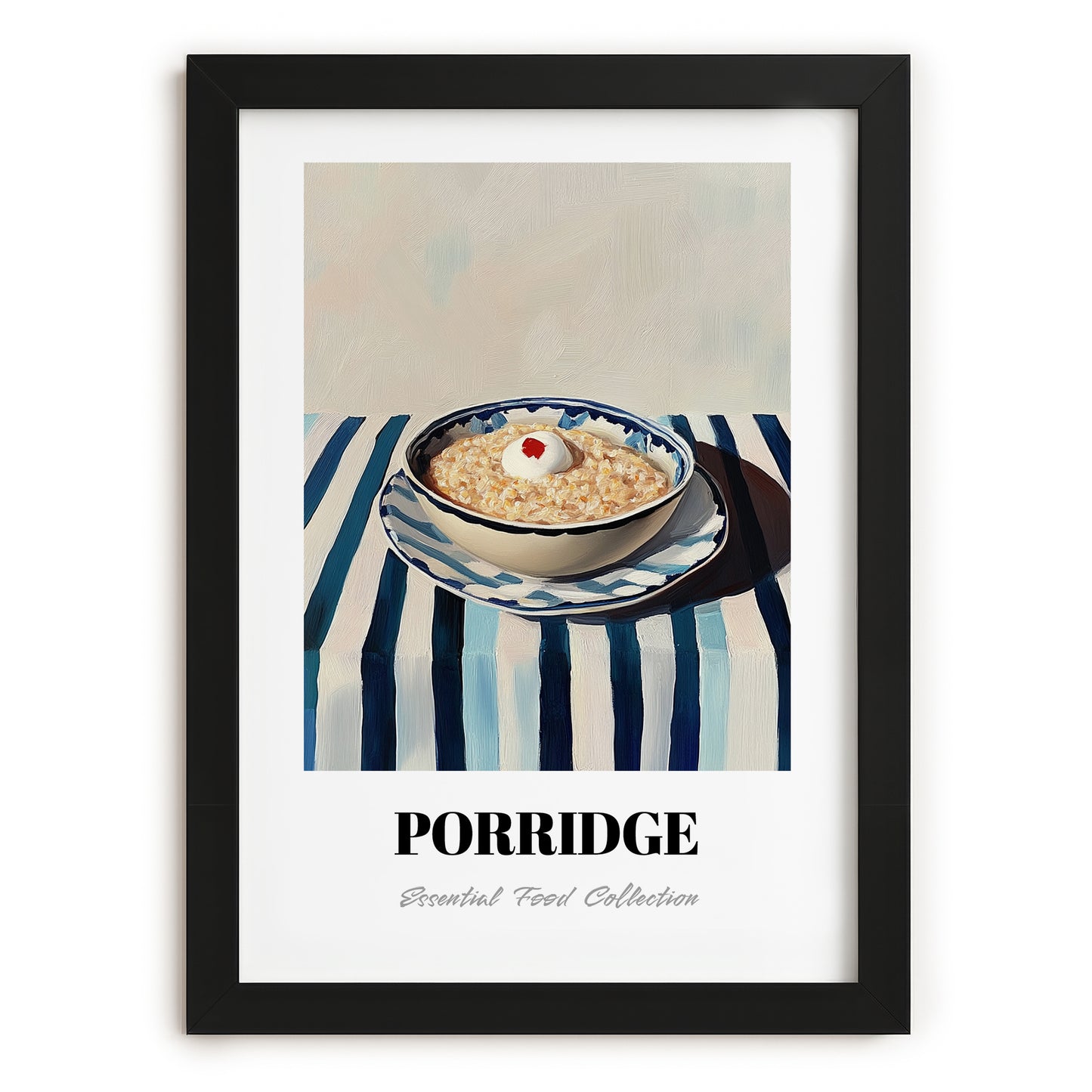 Porridge – on Striped Tablecloth, British Food Painting, in sleek black frame
