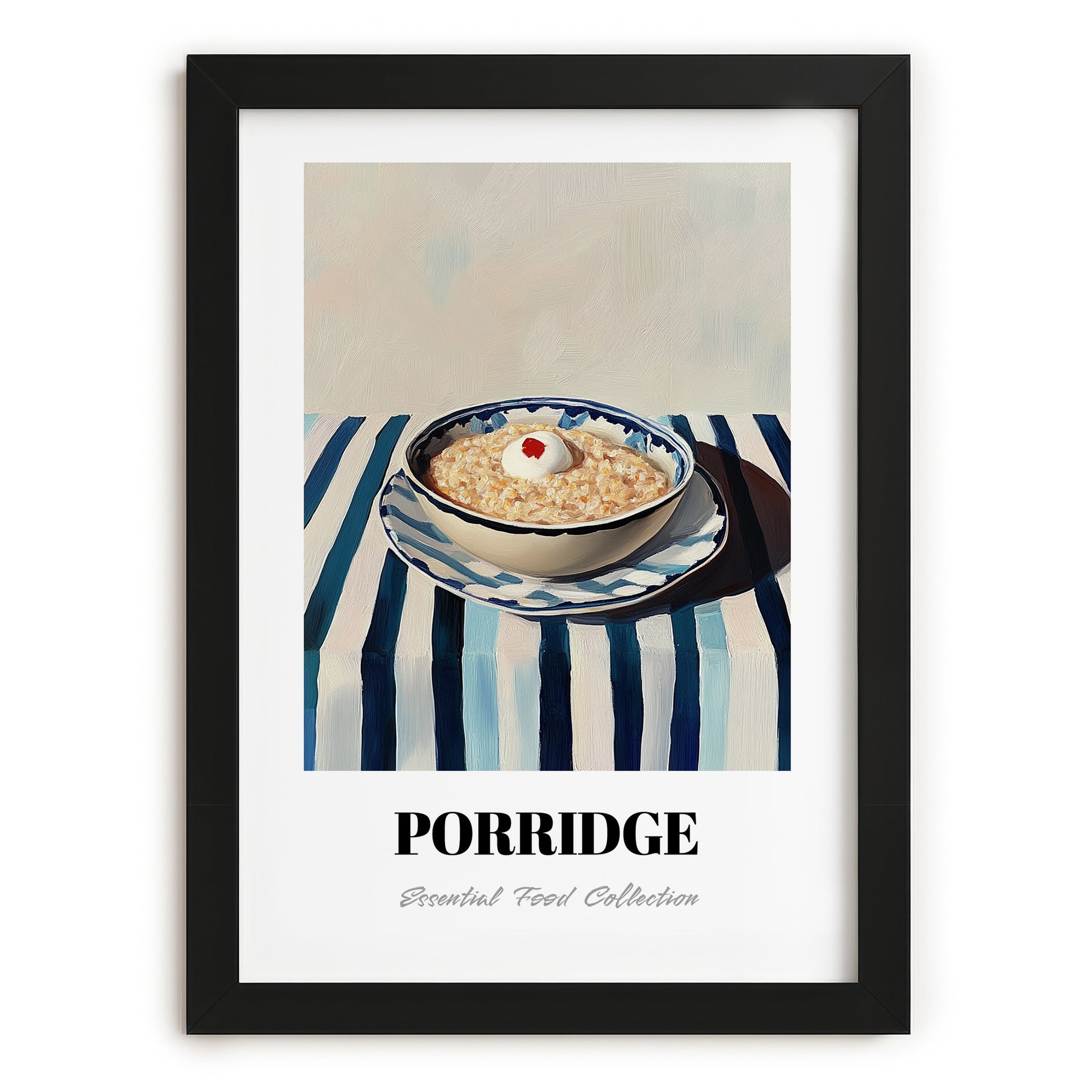 Porridge – on Striped Tablecloth, British Food Painting, in sleek black frame