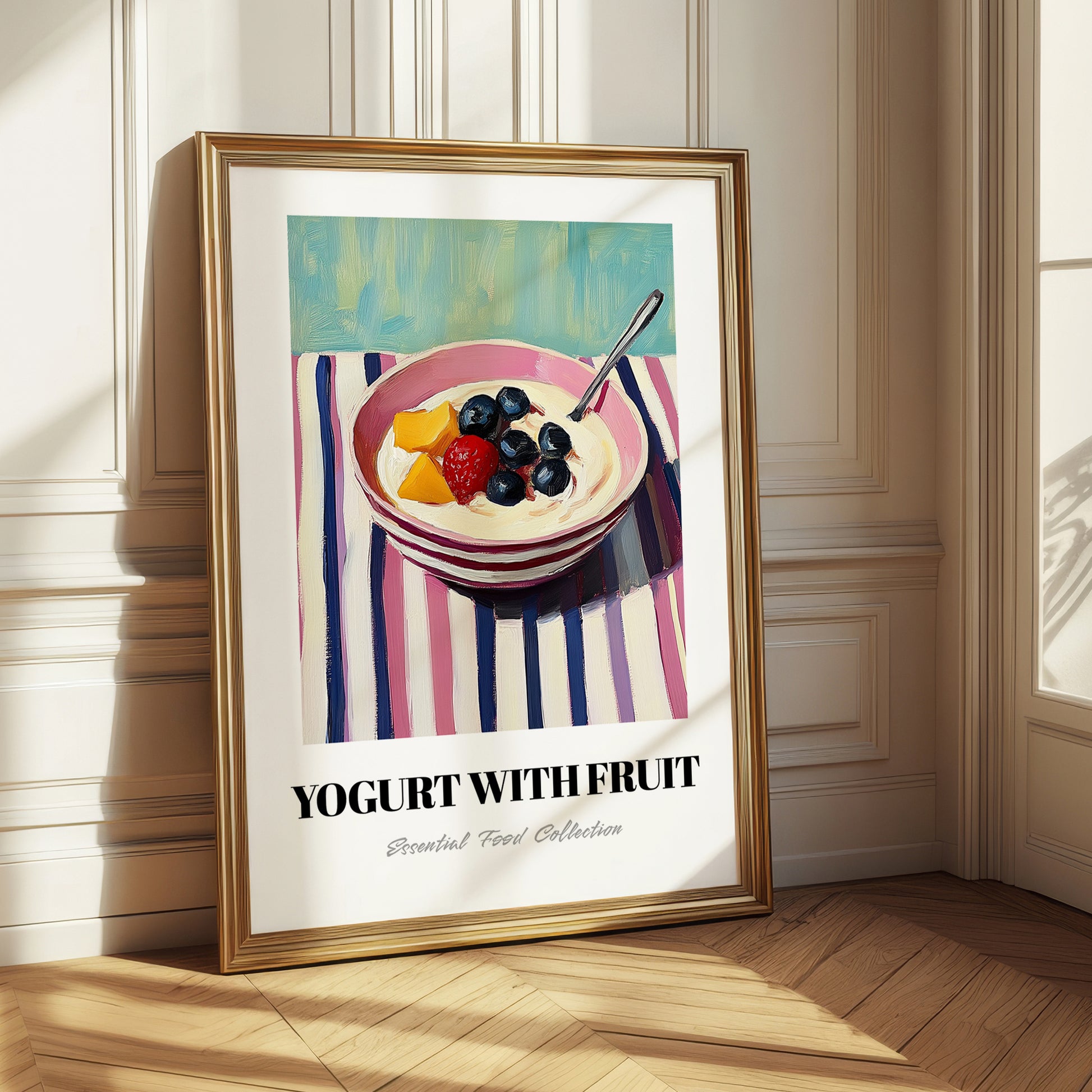 Yogurt With Fruit – on Striped Tablecloth, Greek Food Still Life
