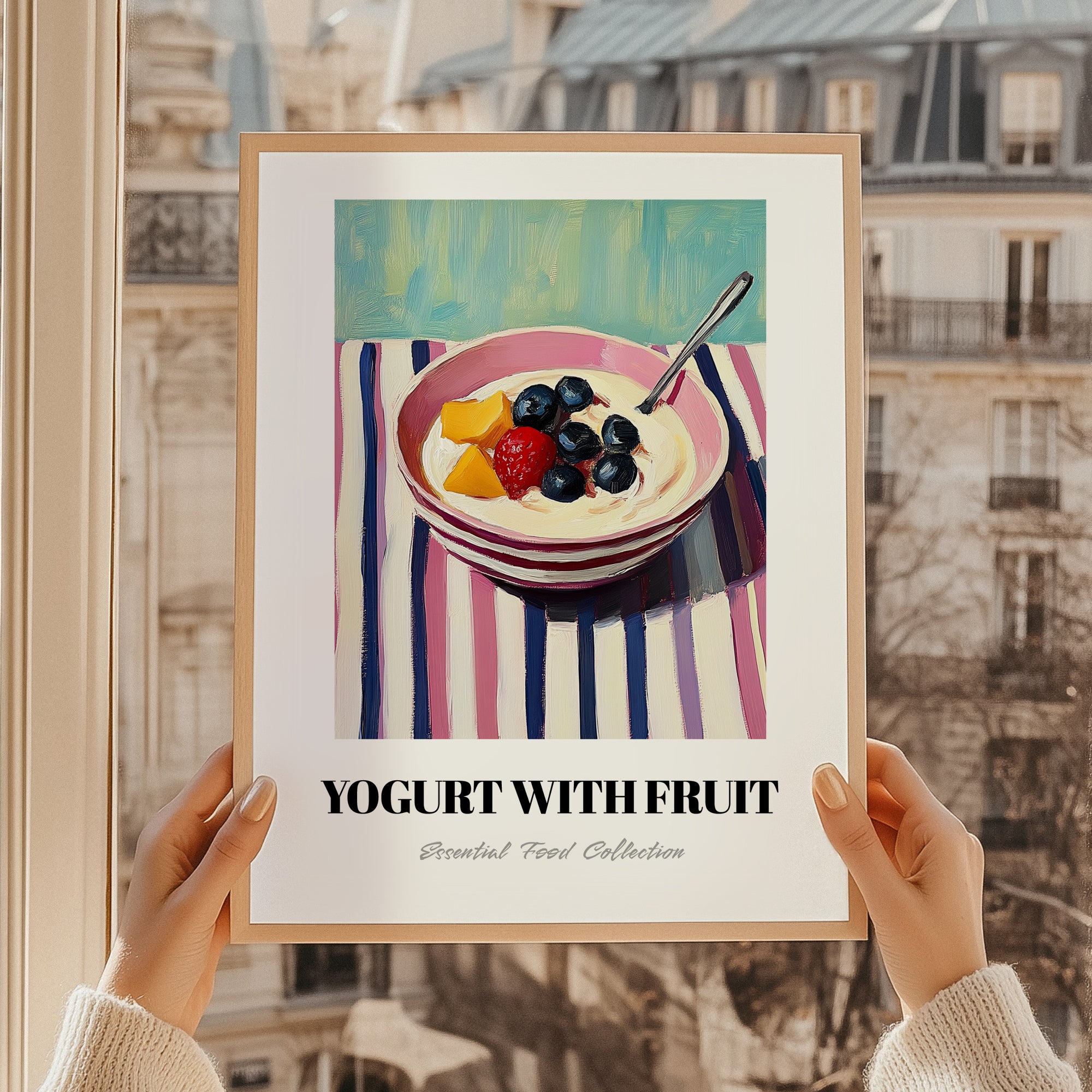 Yogurt With Fruit – on Striped Tablecloth, Greek Food Still Life, styled in a charming Paris street view