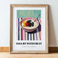 Yogurt With Fruit – on Striped Tablecloth, Greek Food Still Life, in wooden frame leaning on the floor