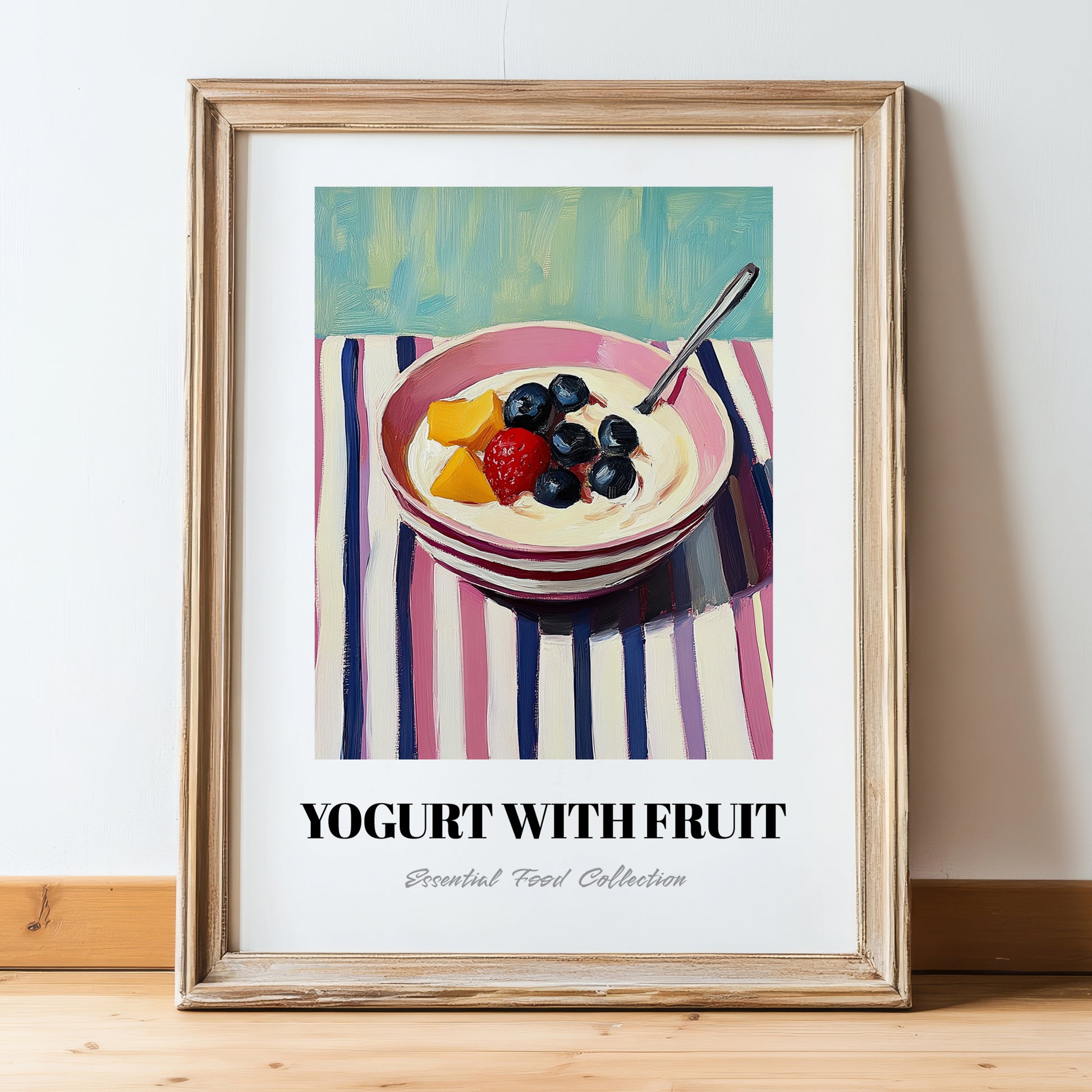Yogurt With Fruit – on Striped Tablecloth, Greek Food Still Life, in wooden frame leaning on the floor