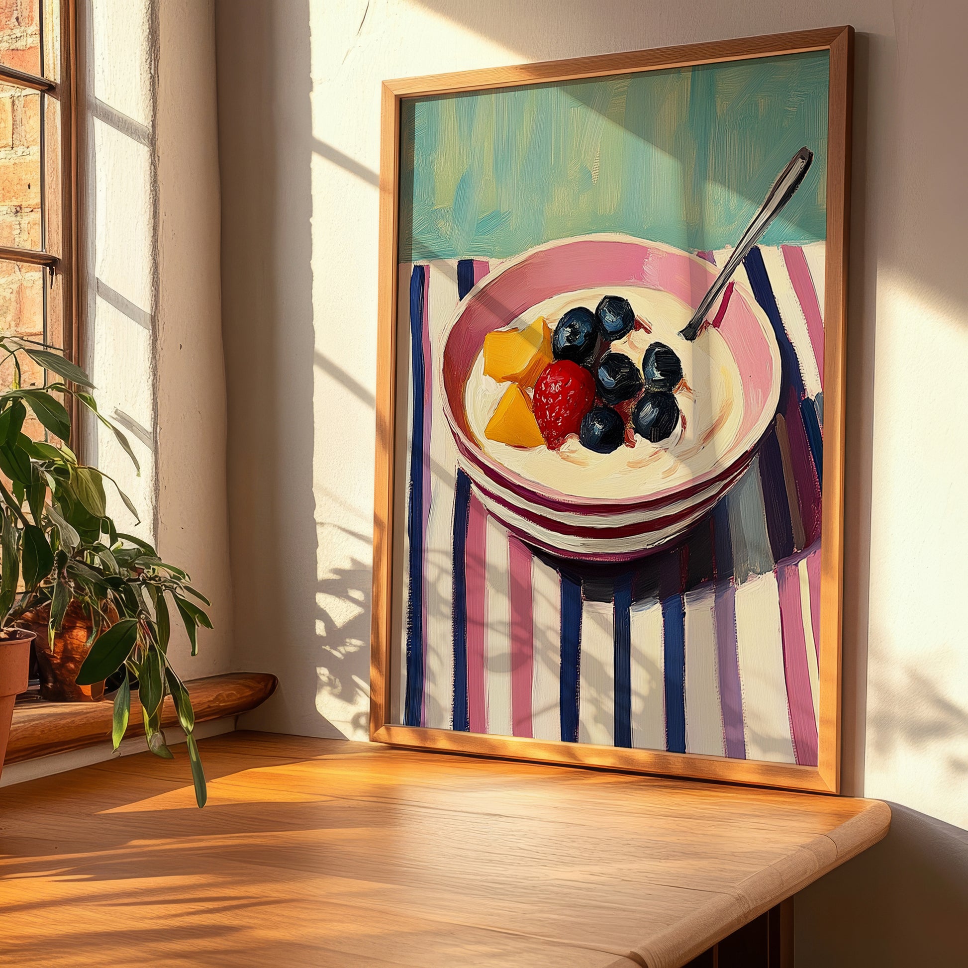 Yogurt With Fruit – on Striped Tablecloth, Greek Food Still Life, clean layout with no caption