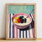 Yogurt With Fruit – on Striped Tablecloth, Greek Food Still Life, no-text version framed in wood