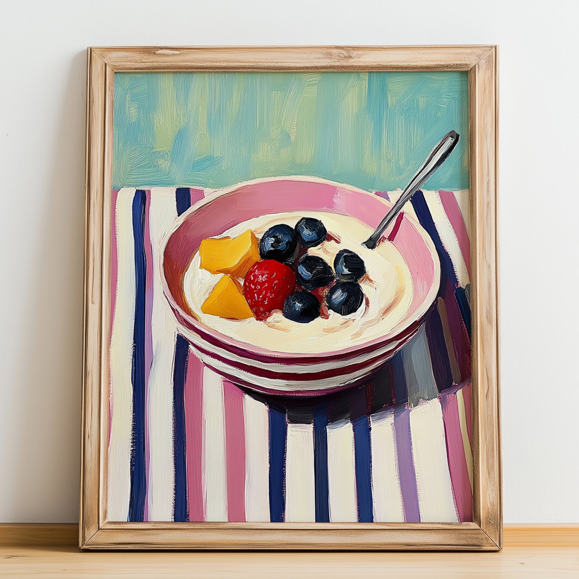 Yogurt With Fruit – on Striped Tablecloth, Greek Food Still Life, no-text version framed in wood