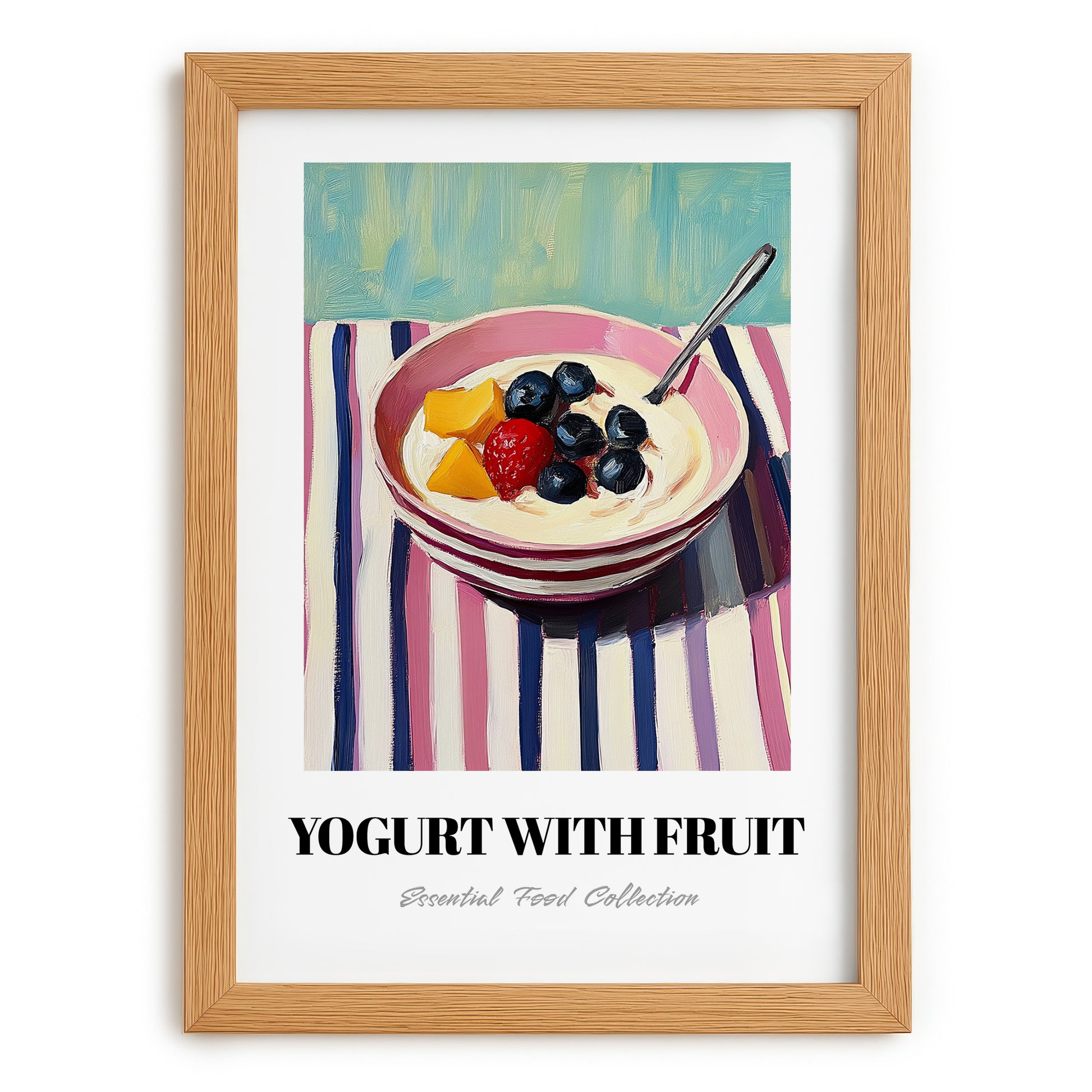 Yogurt With Fruit – on Striped Tablecloth, Greek Food Still Life, set in oak frame