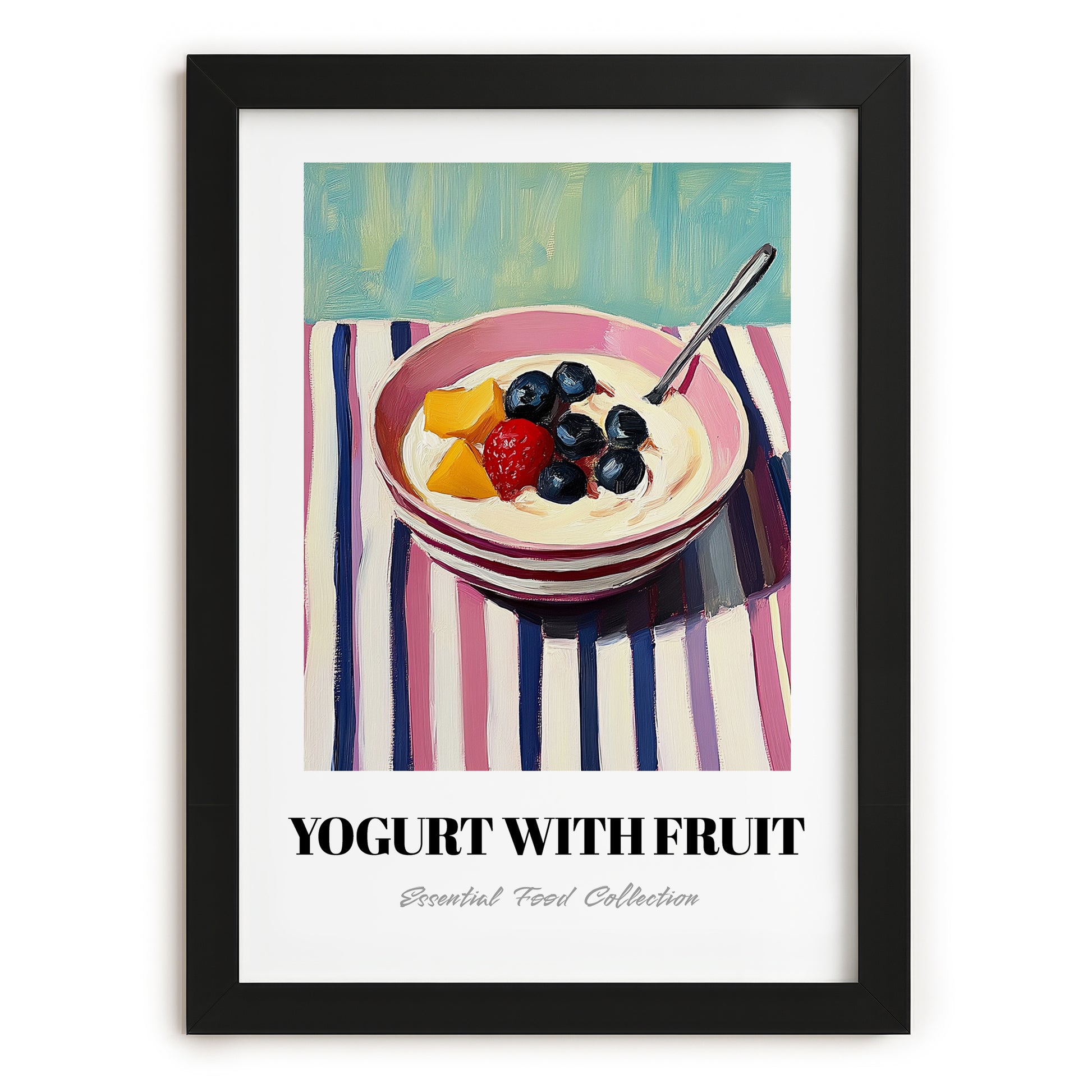 Yogurt With Fruit – on Striped Tablecloth, Greek Food Still Life, in sleek black frame