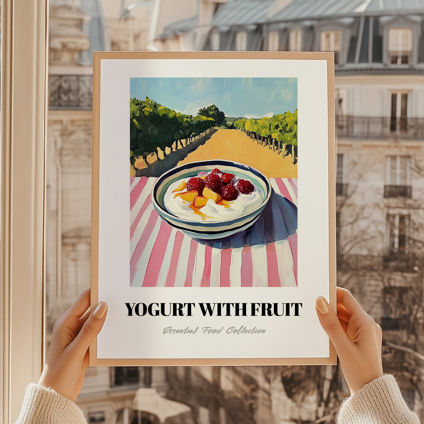 Yogurt With Fruit – Hillside Café View, Greek Food Wall Decor, styled in a charming Paris street view