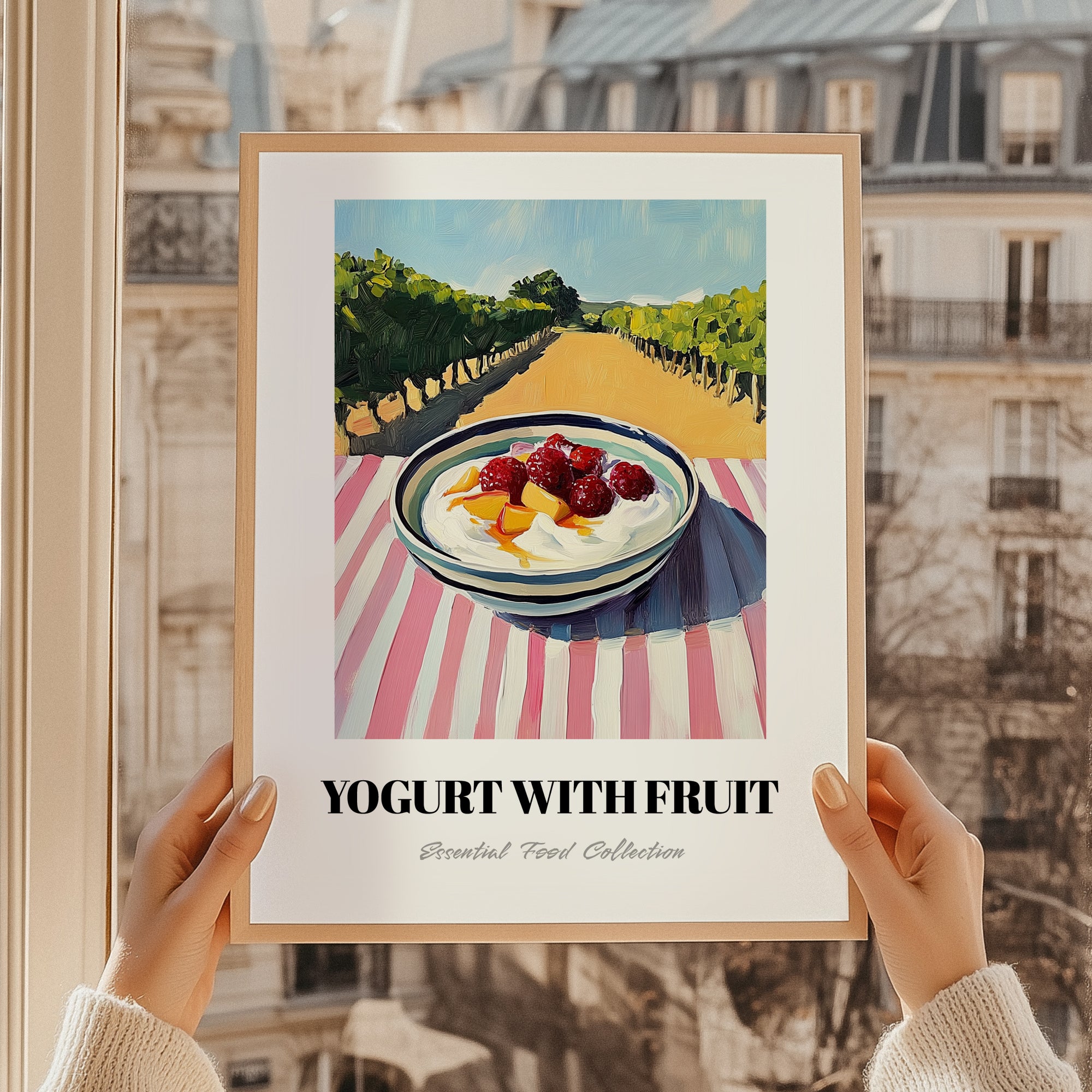 Yogurt With Fruit – Hillside Café View, Greek Food Wall Decor, styled in a charming Paris street view