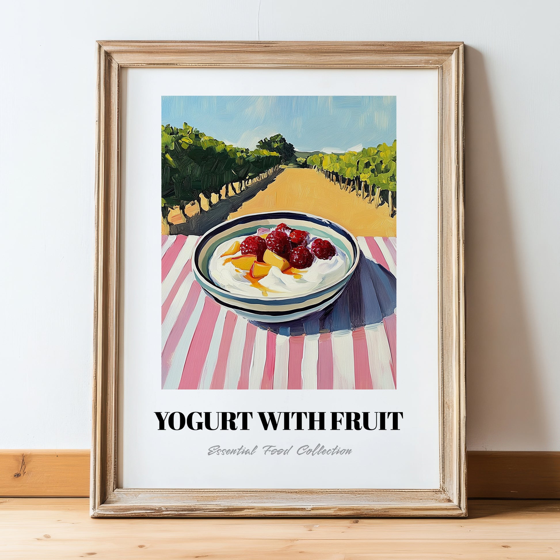Yogurt With Fruit – Hillside Café View, Greek Food Wall Decor, in wooden frame leaning on the floor