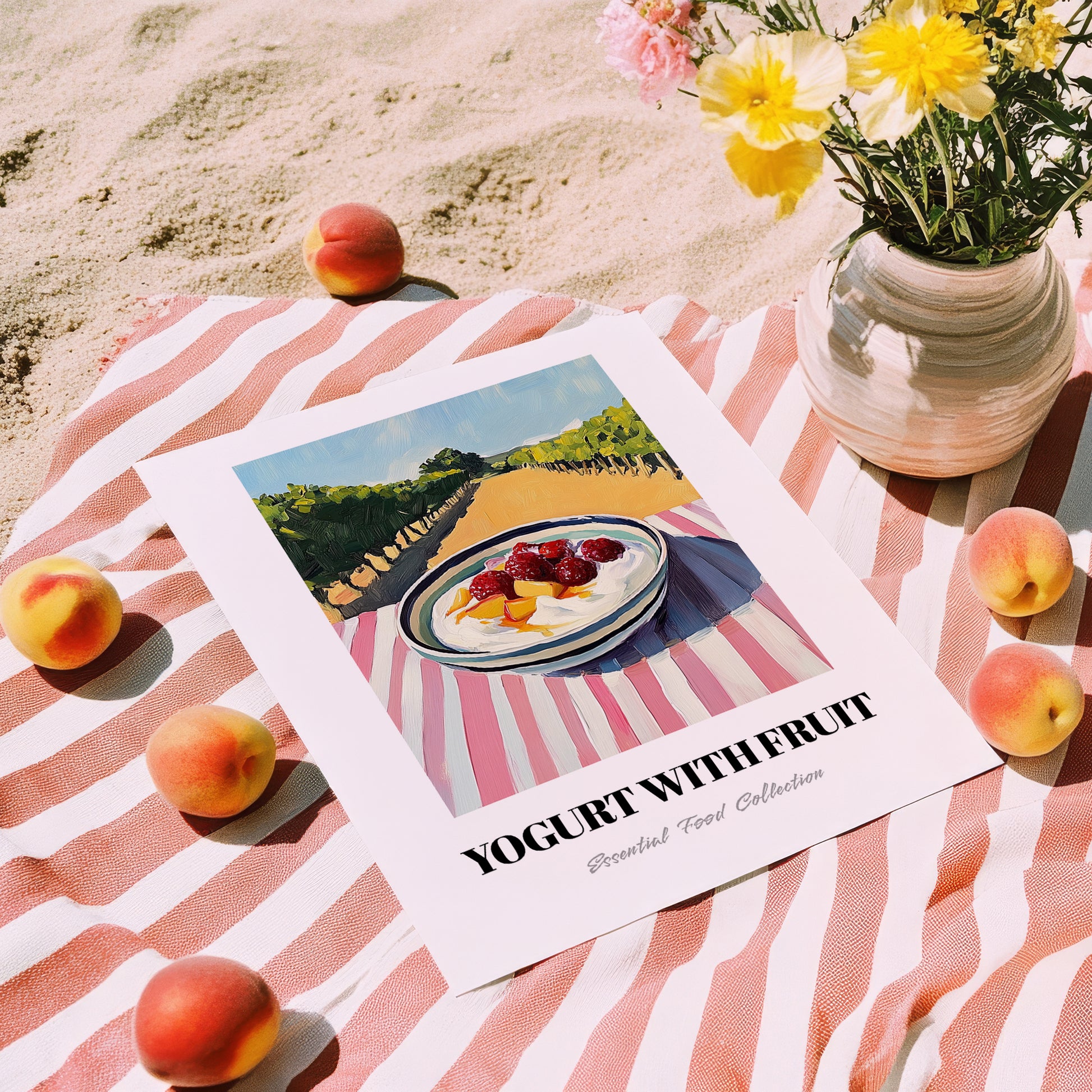 Yogurt With Fruit – Hillside Café View, Greek Food Wall Decor, unframed on coastal sand