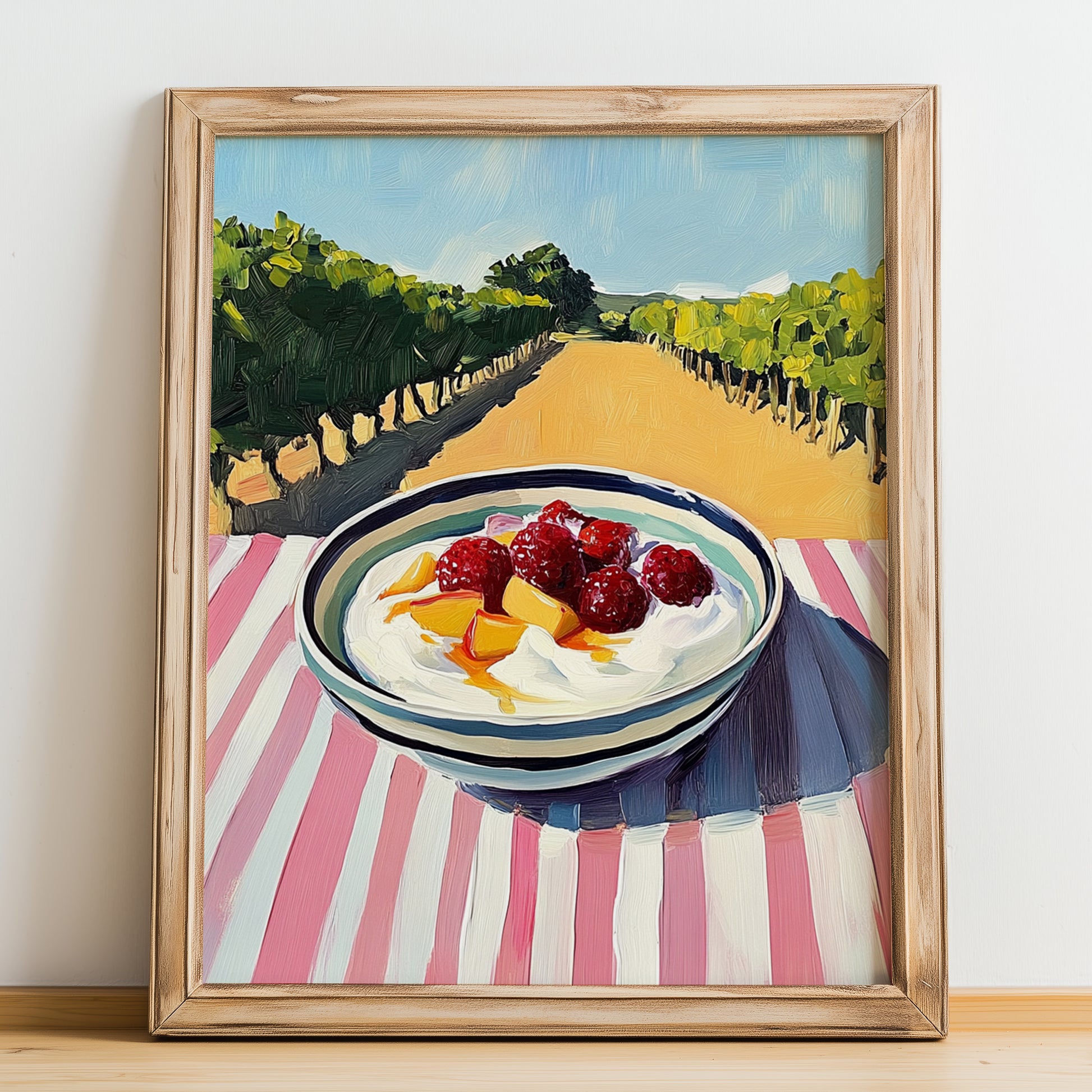 Yogurt With Fruit – Hillside Café View, Greek Food Wall Decor, no-text version framed in wood