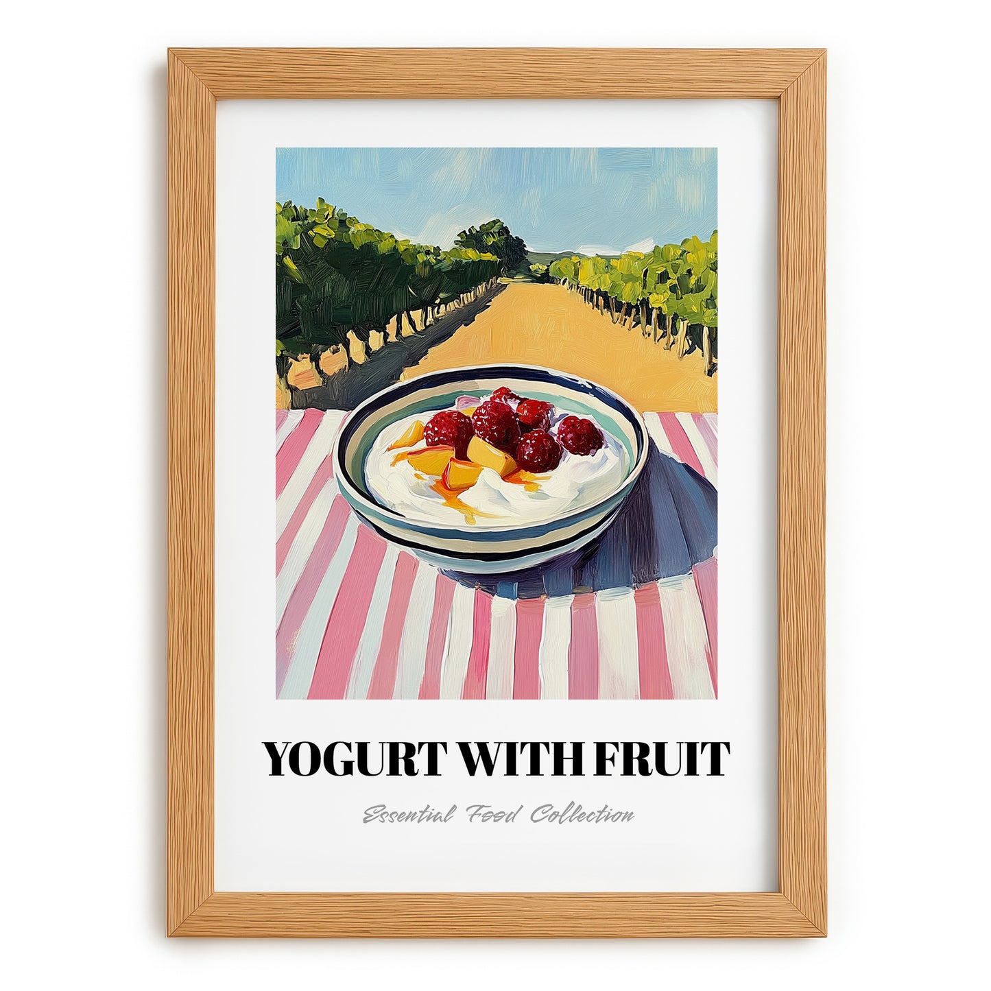 Yogurt With Fruit – Hillside Café View, Greek Food Wall Decor, set in oak frame