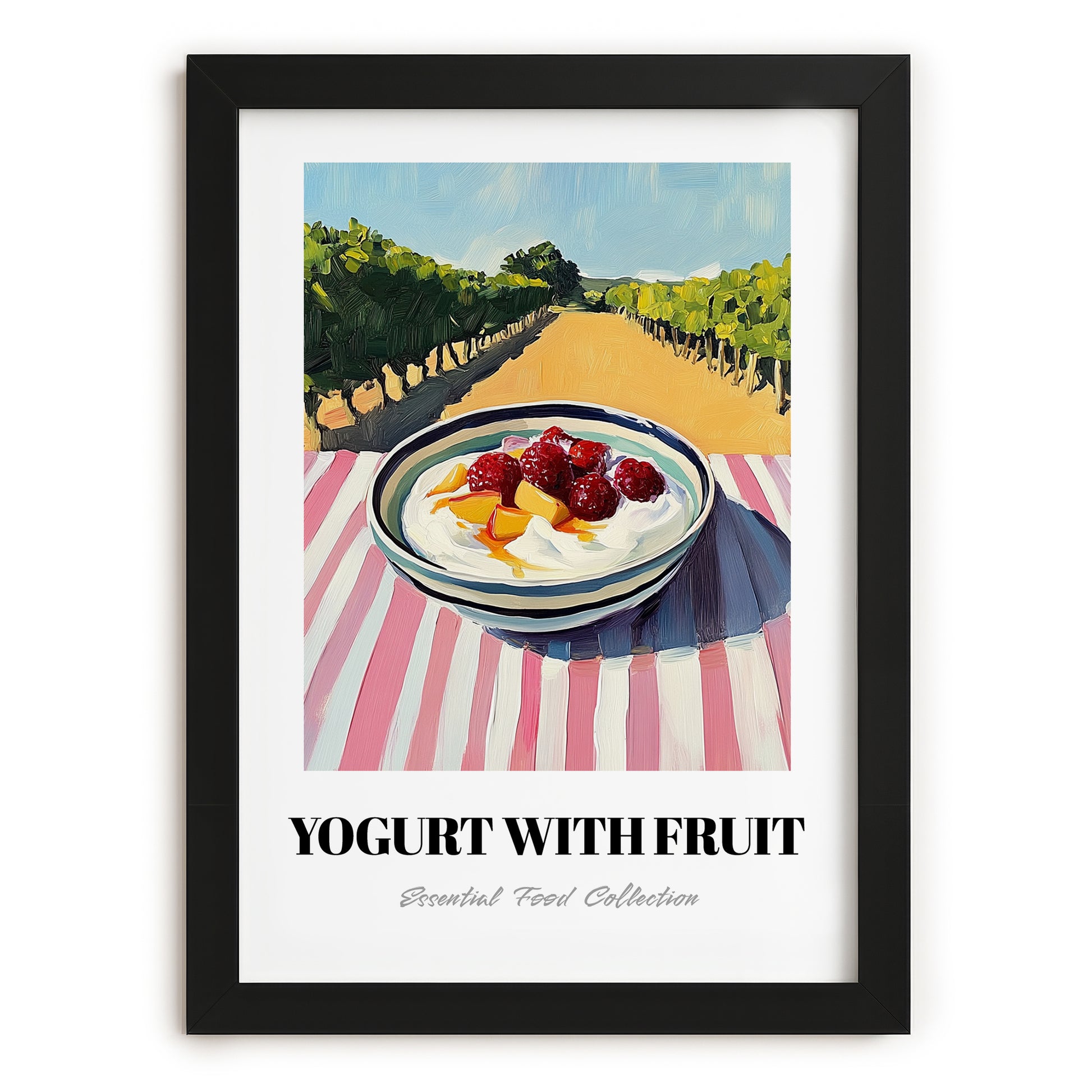 Yogurt With Fruit – Hillside Café View, Greek Food Wall Decor, in sleek black frame
