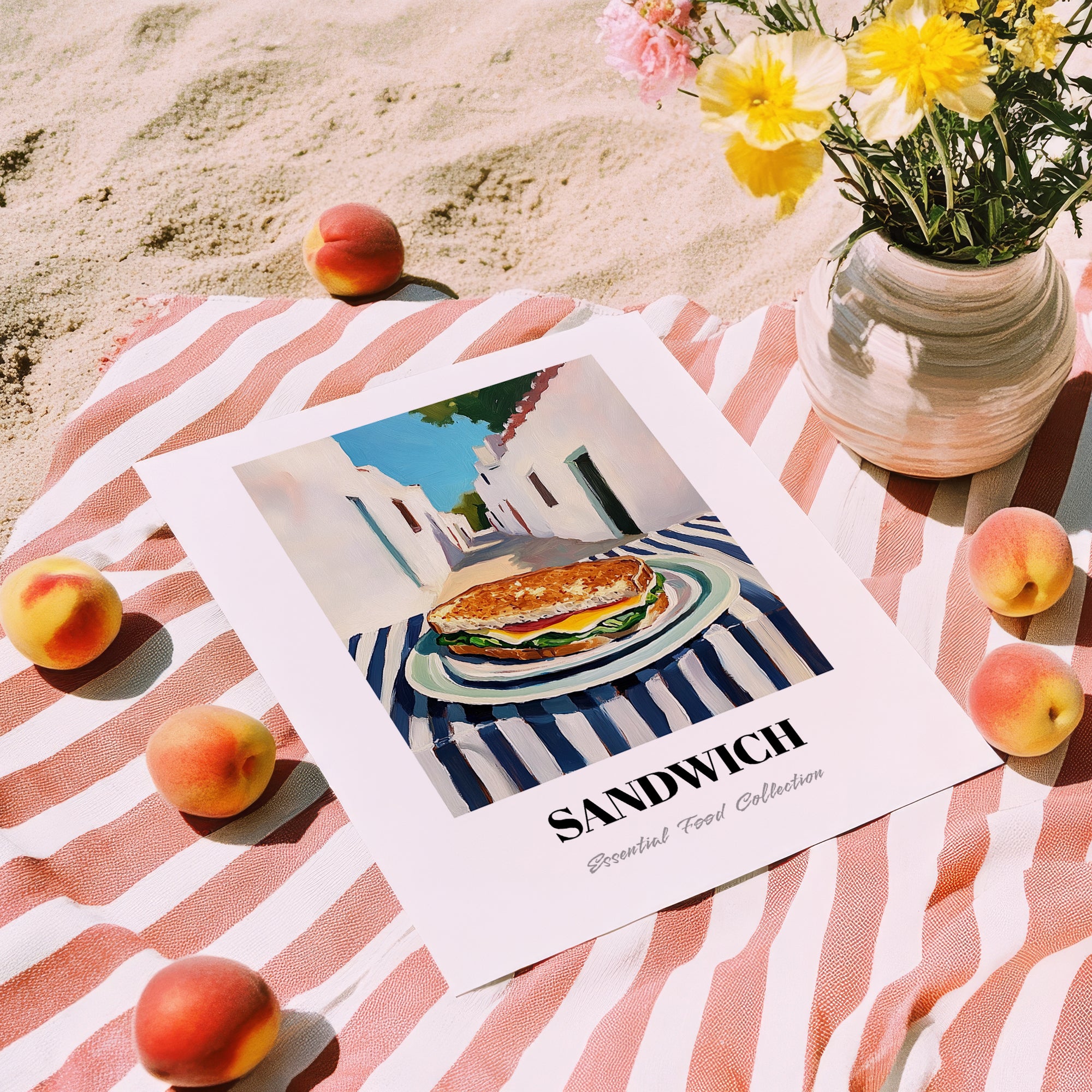 Sandwich – White village Urban Café Scene, British Food Painting, unframed on coastal sand