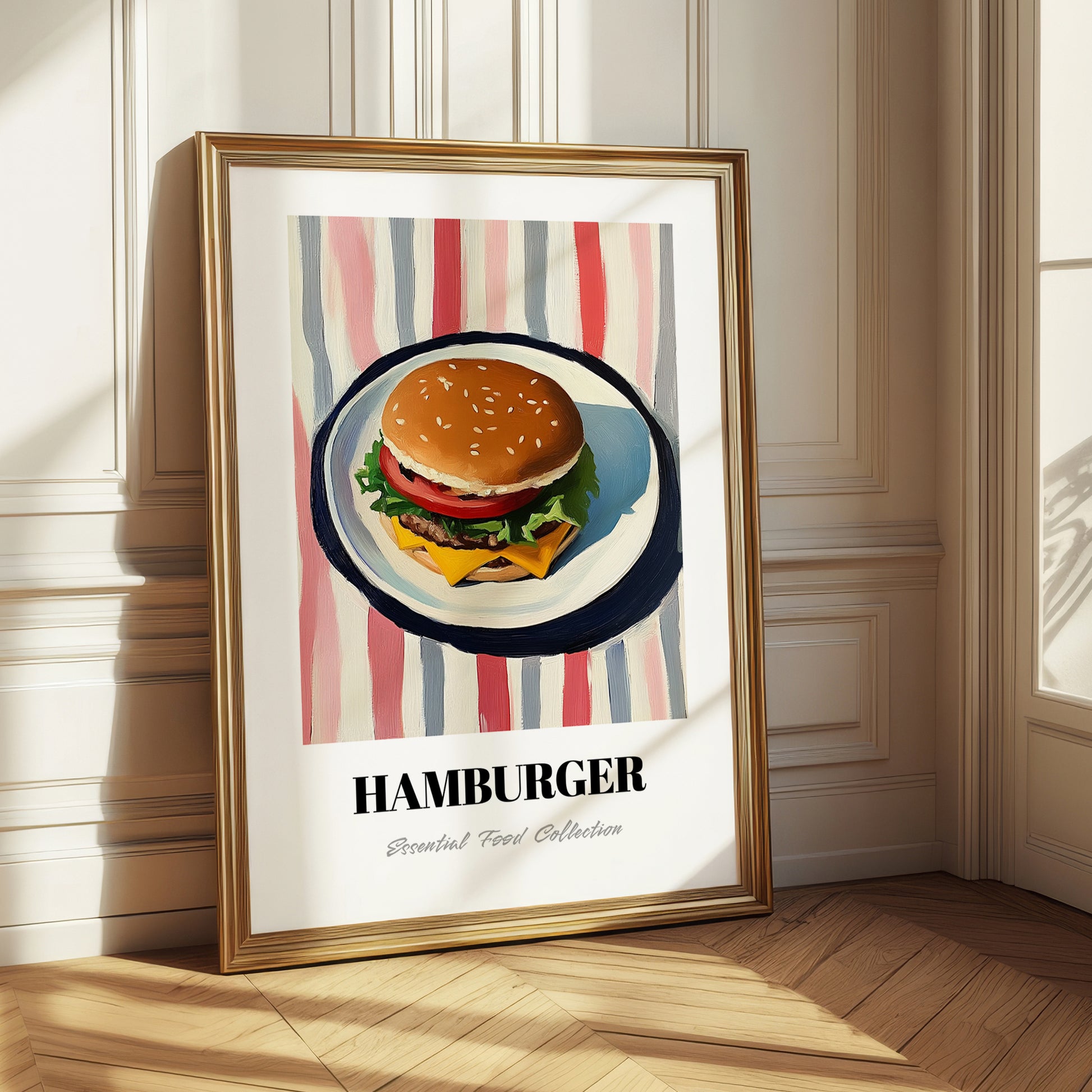 Hamburger – on Striped Tablecloth, American Food Still Life