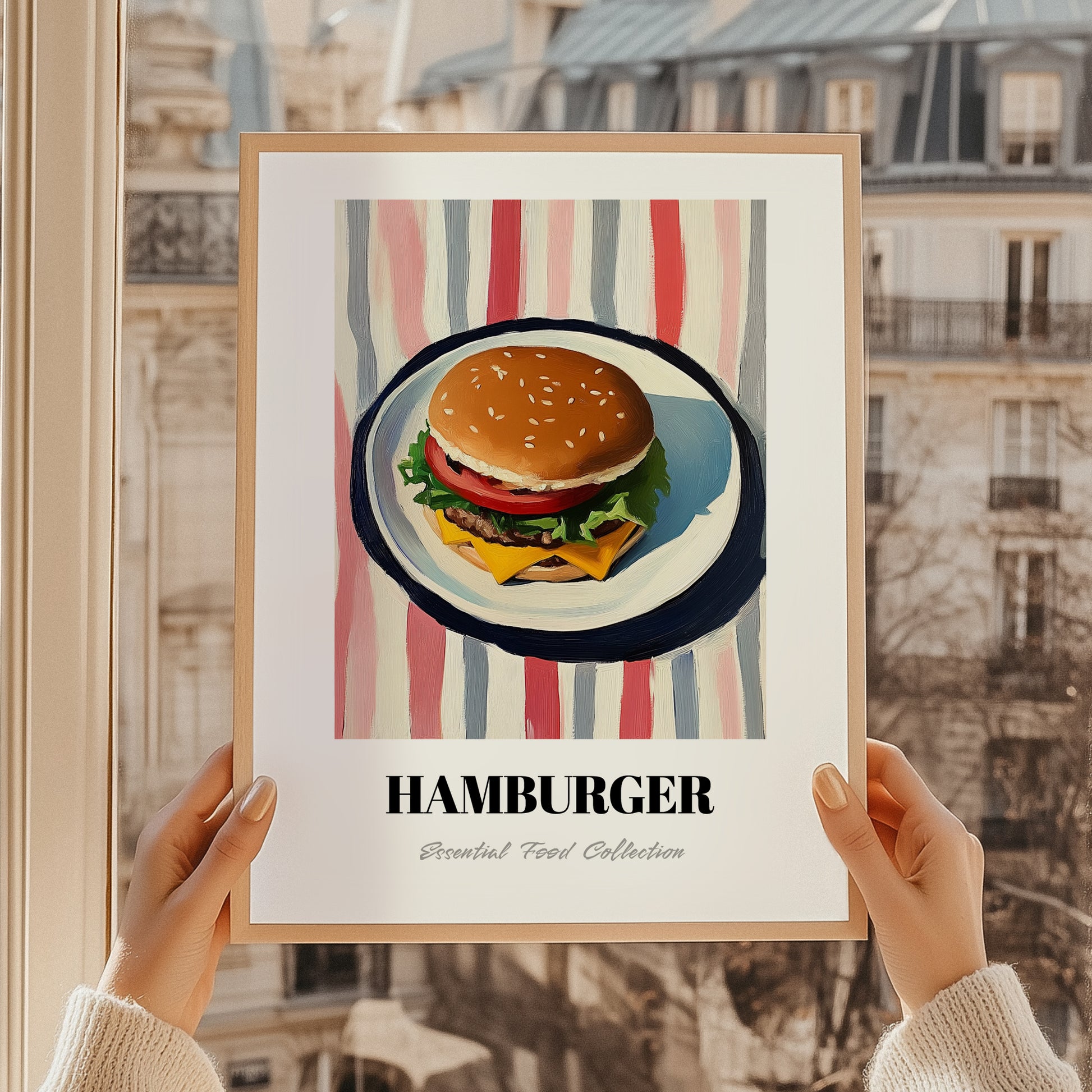 Hamburger – on Striped Tablecloth, American Food Still Life, styled in a charming Paris street view
