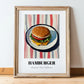 Hamburger – on Striped Tablecloth, American Food Still Life, in wooden frame leaning on the floor