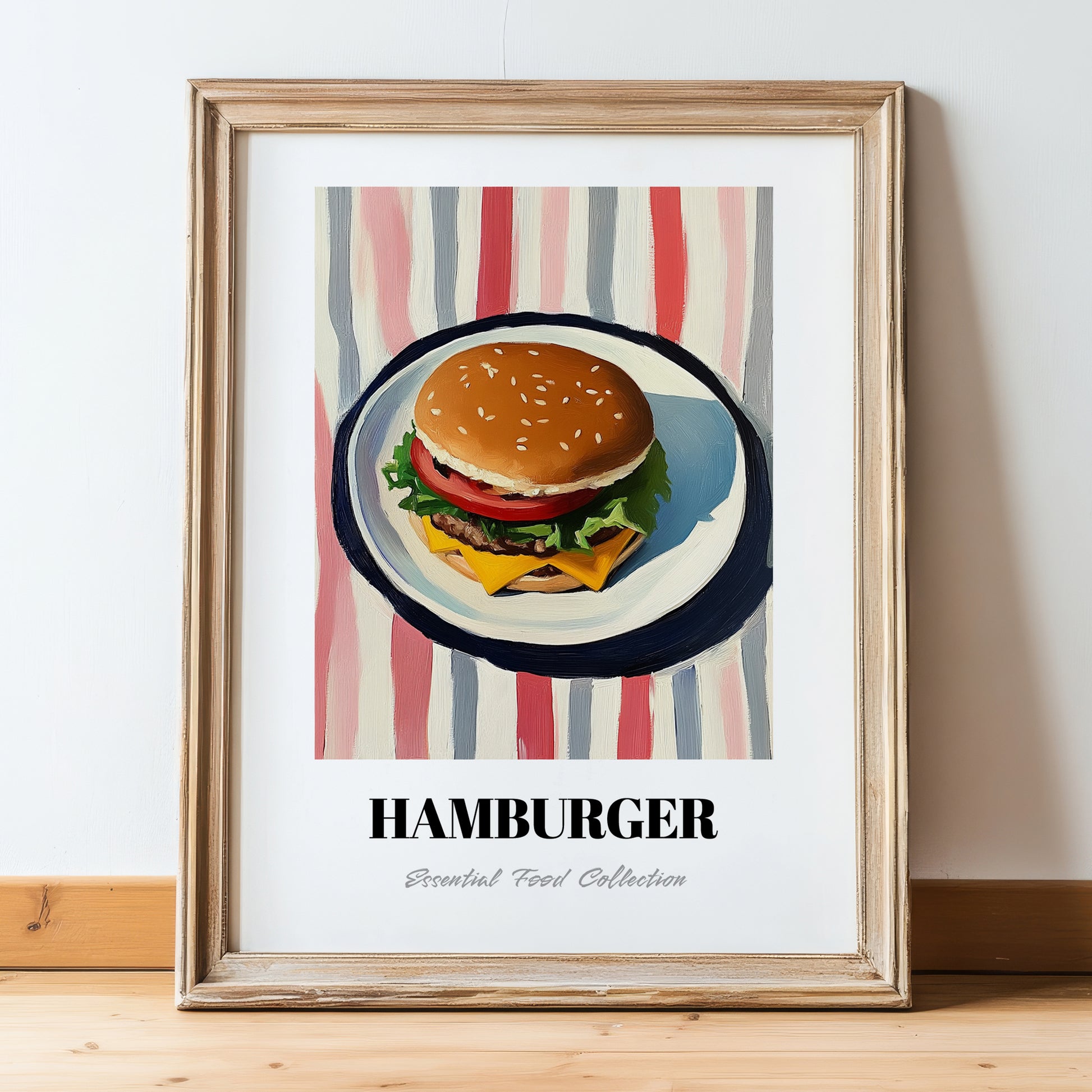 Hamburger – on Striped Tablecloth, American Food Still Life, in wooden frame leaning on the floor