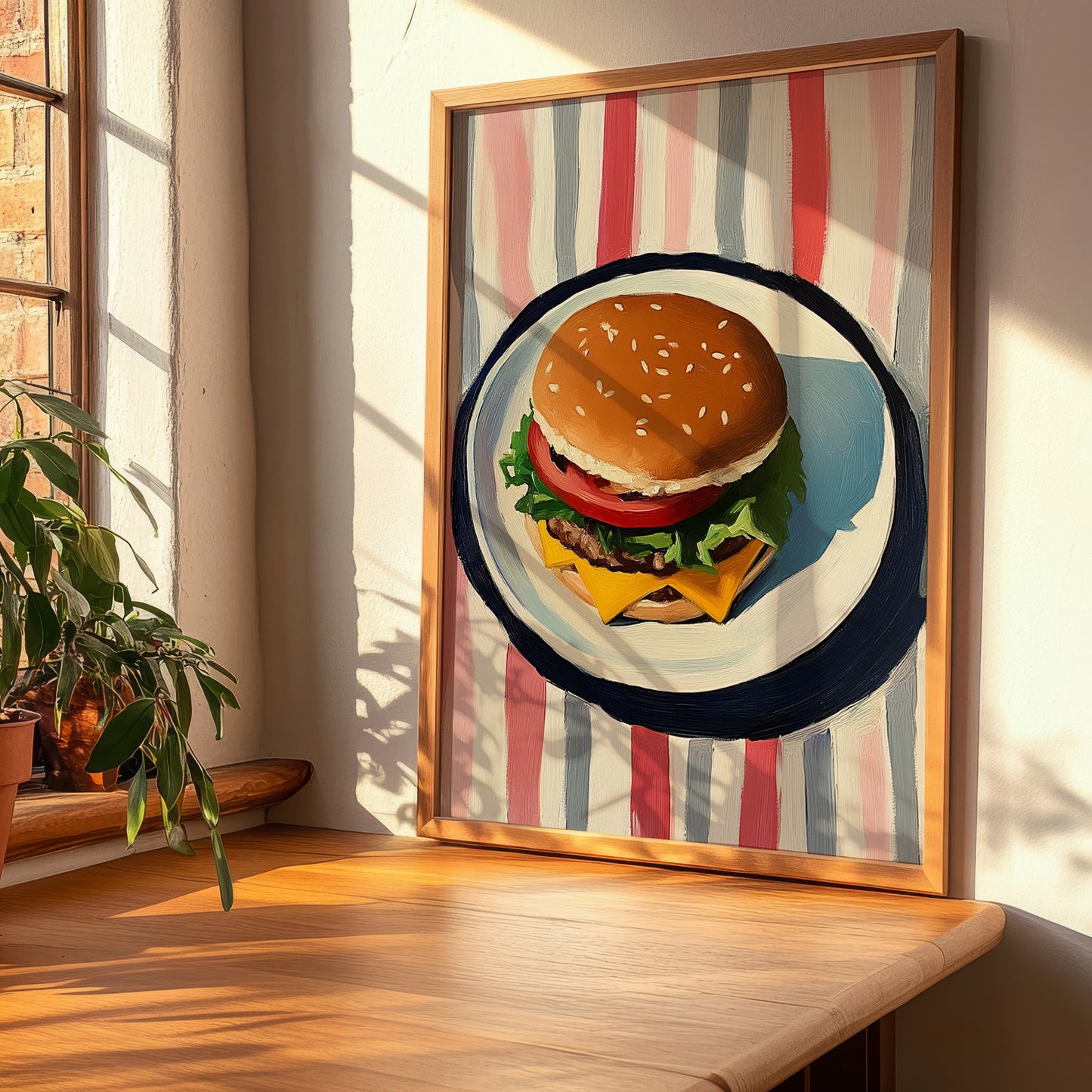 Hamburger – on Striped Tablecloth, American Food Still Life, clean layout with no caption