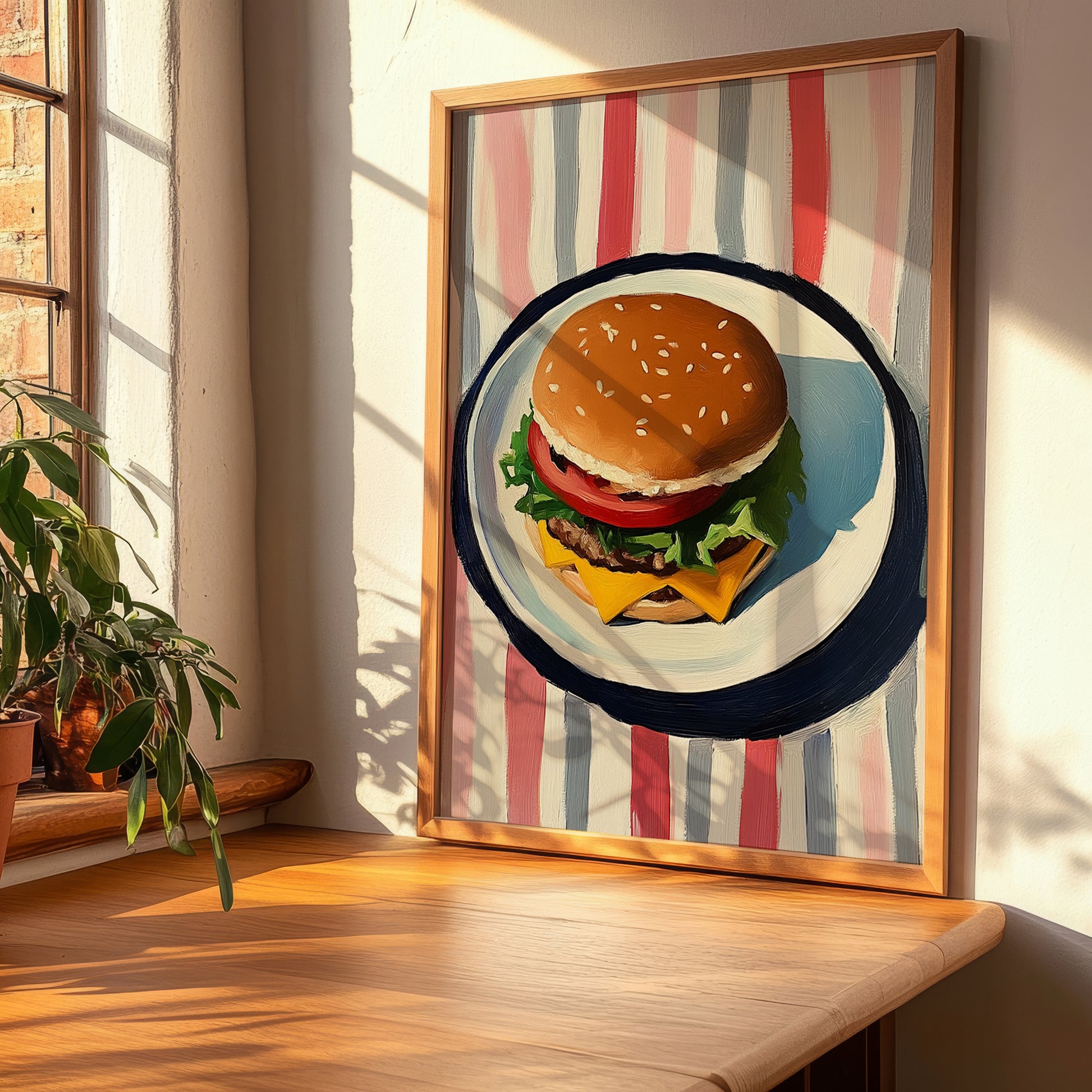 Hamburger – on Striped Tablecloth, American Food Still Life, clean layout with no caption