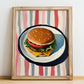 Hamburger – on Striped Tablecloth, American Food Still Life, no-text version framed in wood