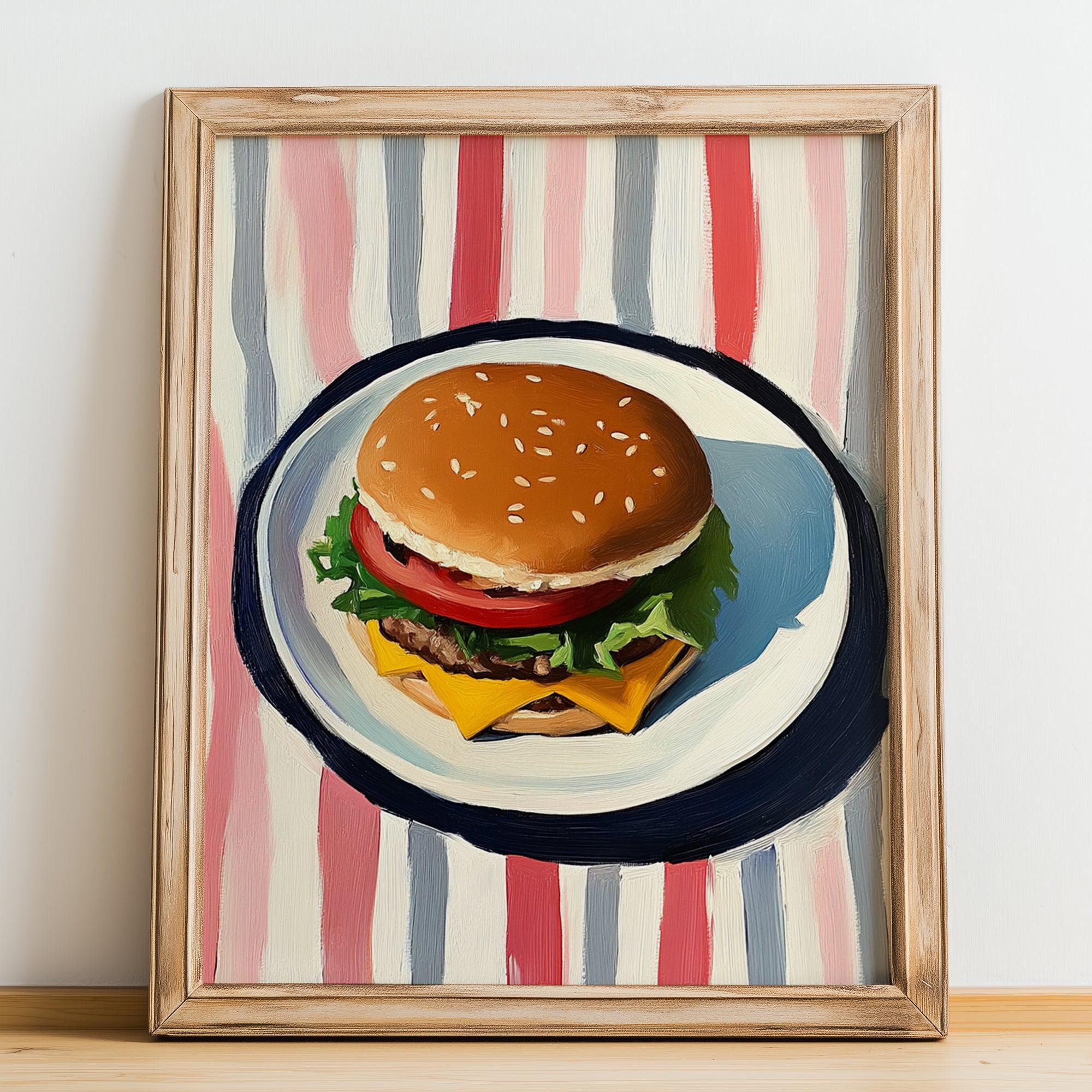 Hamburger – on Striped Tablecloth, American Food Still Life, no-text version framed in wood