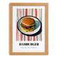 Hamburger – on Striped Tablecloth, American Food Still Life, set in oak frame