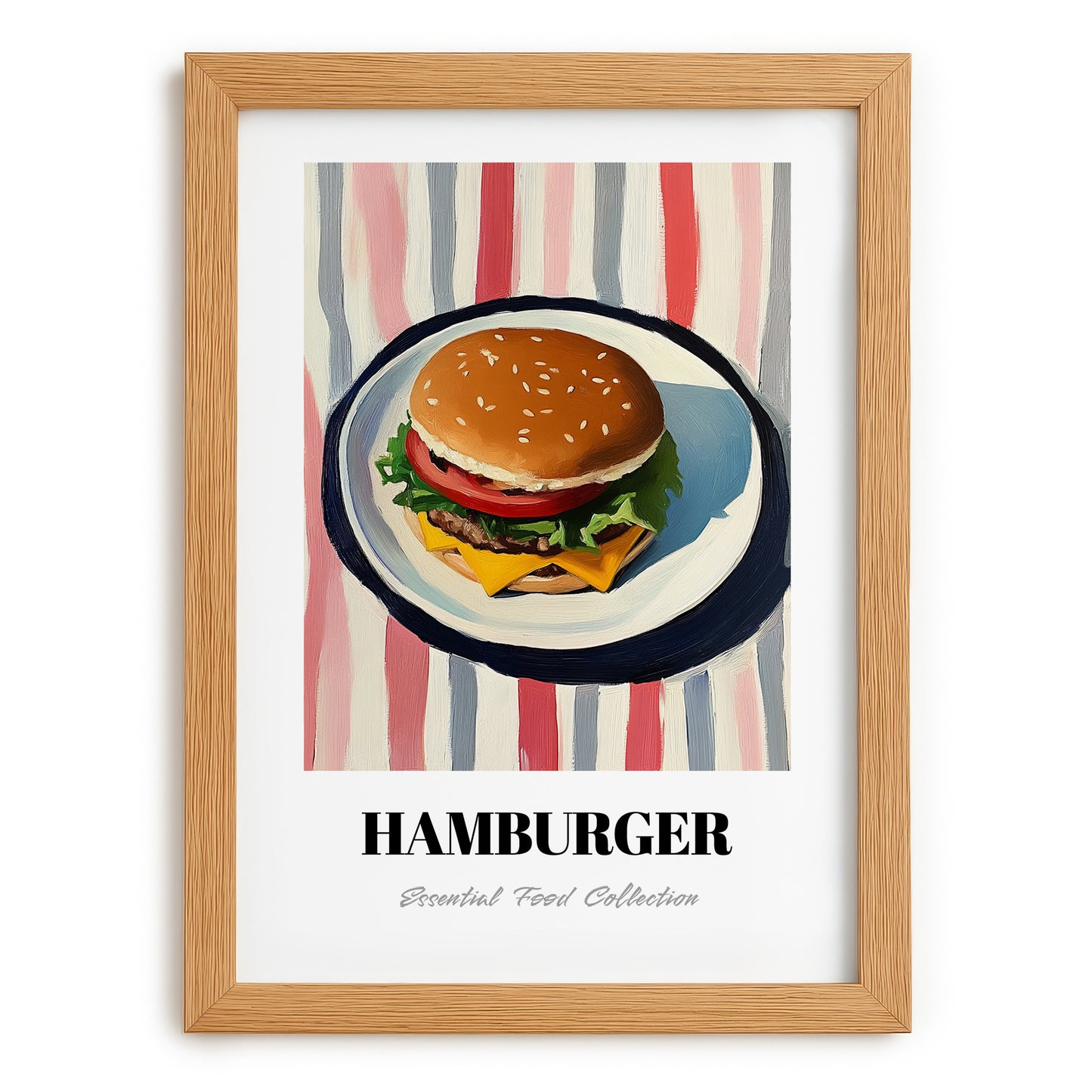 Hamburger – on Striped Tablecloth, American Food Still Life, set in oak frame