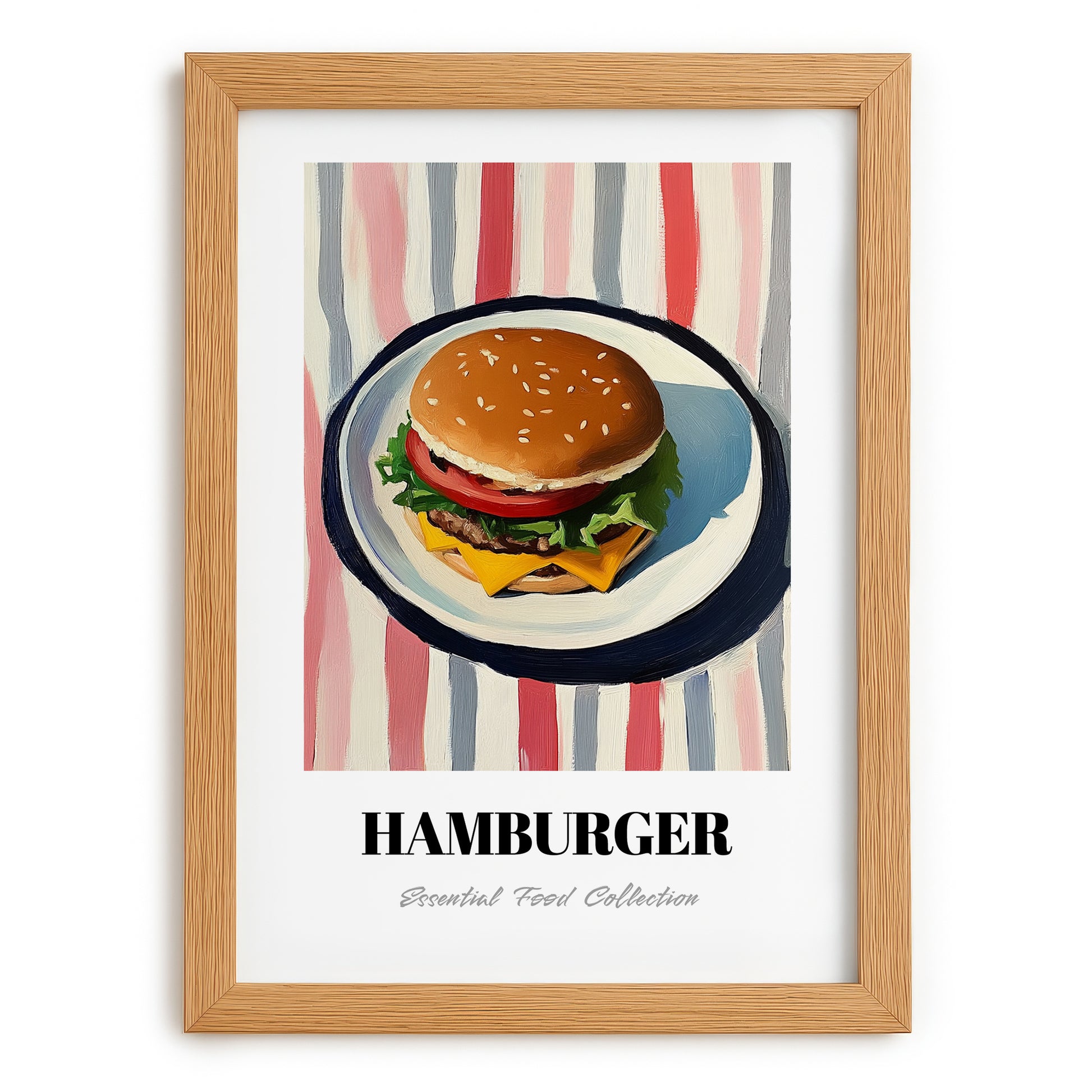 Hamburger – on Striped Tablecloth, American Food Still Life, set in oak frame