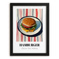 Hamburger – on Striped Tablecloth, American Food Still Life, in sleek black frame