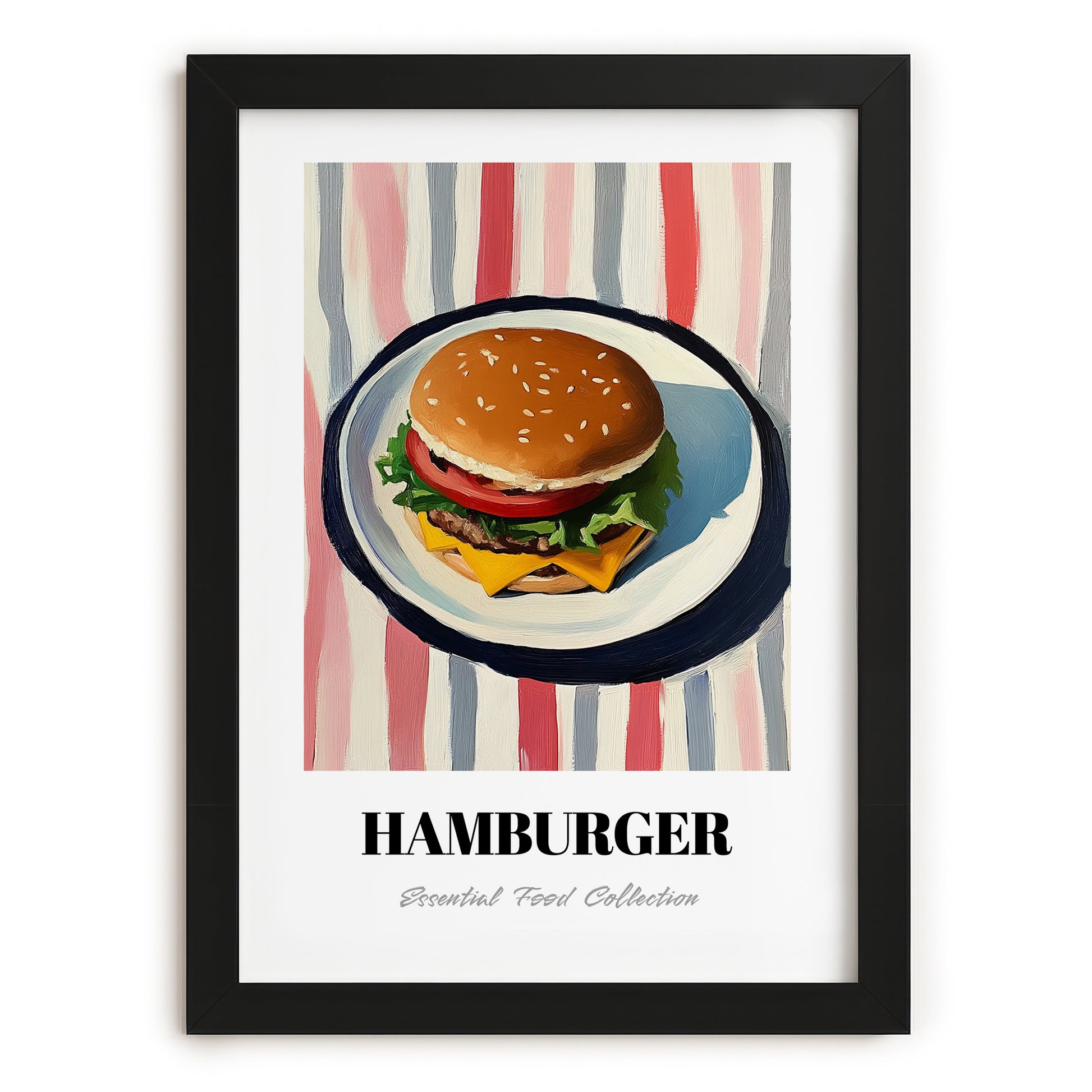 Hamburger – on Striped Tablecloth, American Food Still Life, in sleek black frame