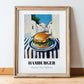 Hamburger – White village Street Café Scene, American Food Wall Decor, in wooden frame leaning on the floor