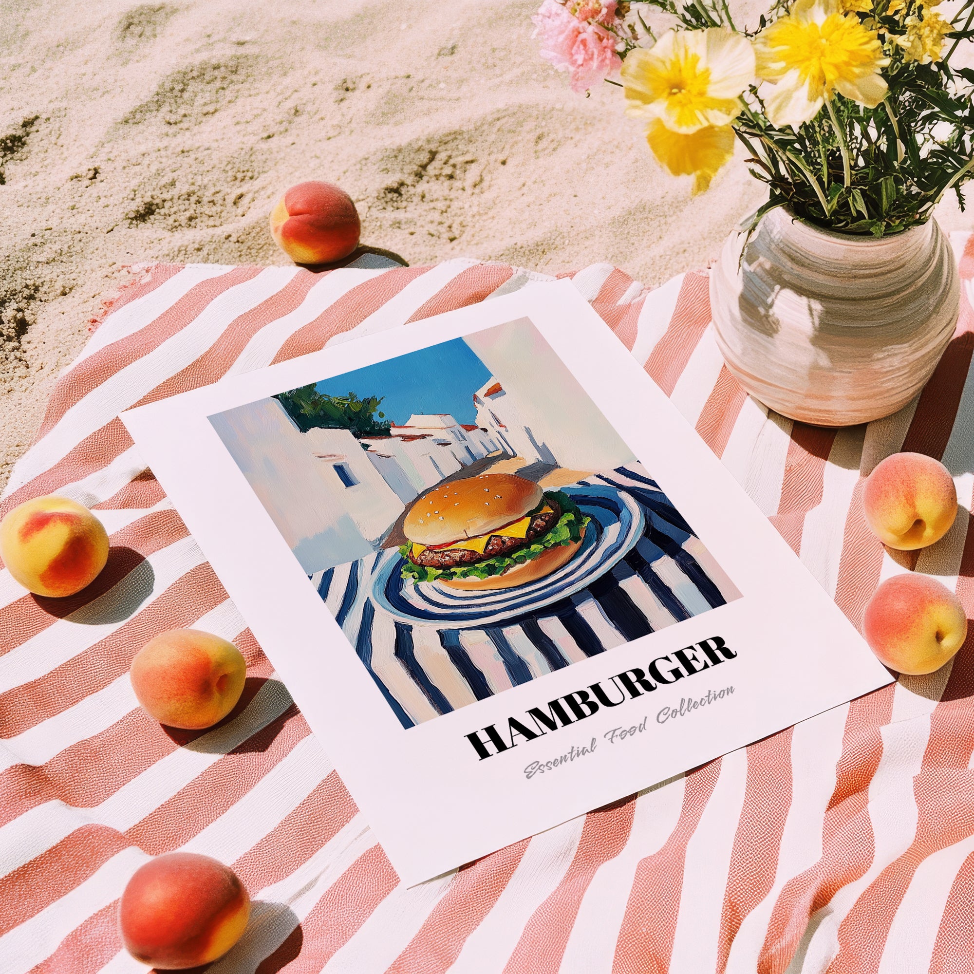Hamburger – White village Street Café Scene, American Food Wall Decor, unframed on coastal sand