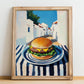 Hamburger – White village Street Café Scene, American Food Wall Decor, no-text version framed in wood