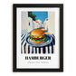 Hamburger – White village Street Café Scene, American Food Wall Decor, in sleek black frame
