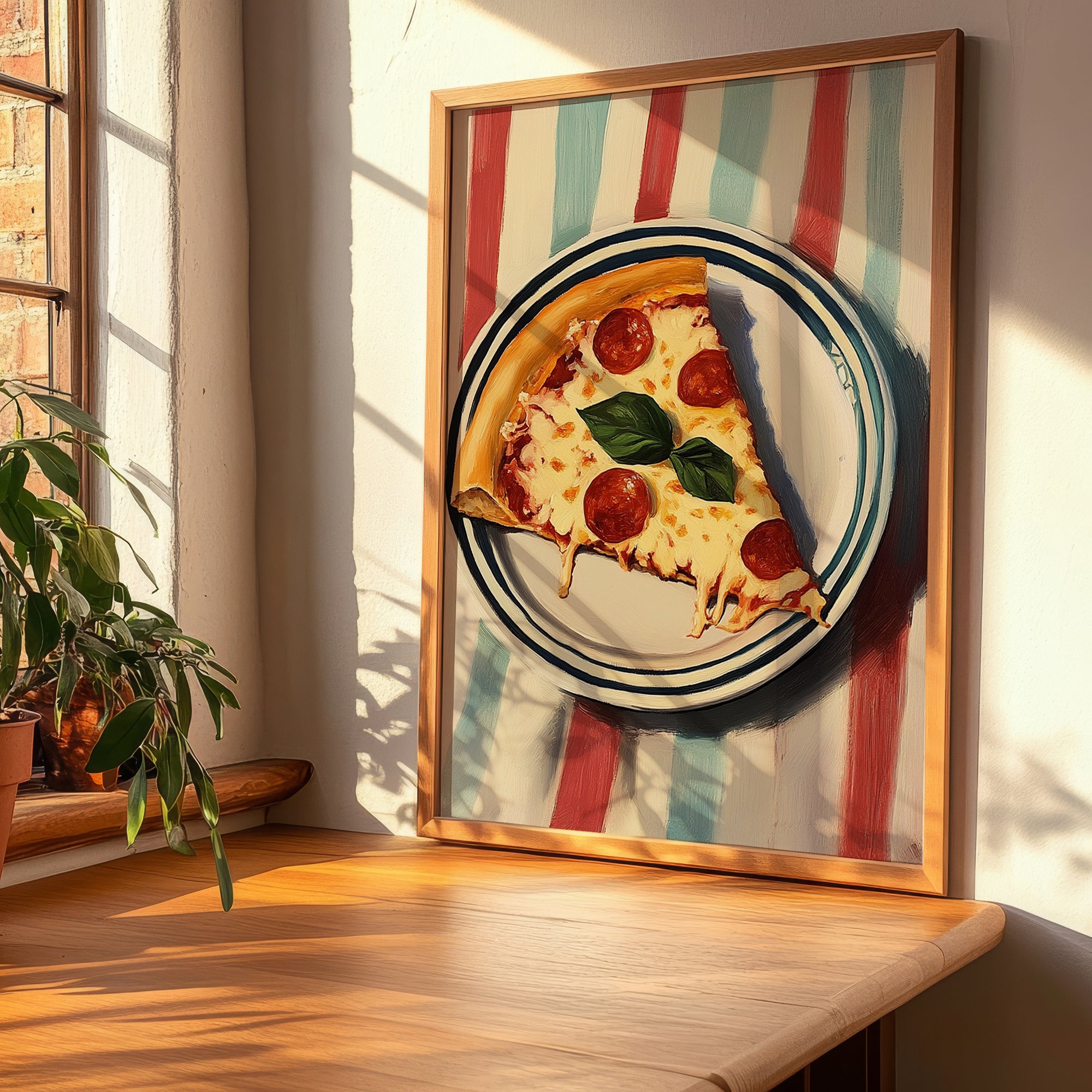 Pizza – on Striped Tablecloth, Italian Pizza Wall Decor, clean layout with no caption