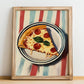 Pizza – on Striped Tablecloth, Italian Pizza Wall Decor, no-text version framed in wood