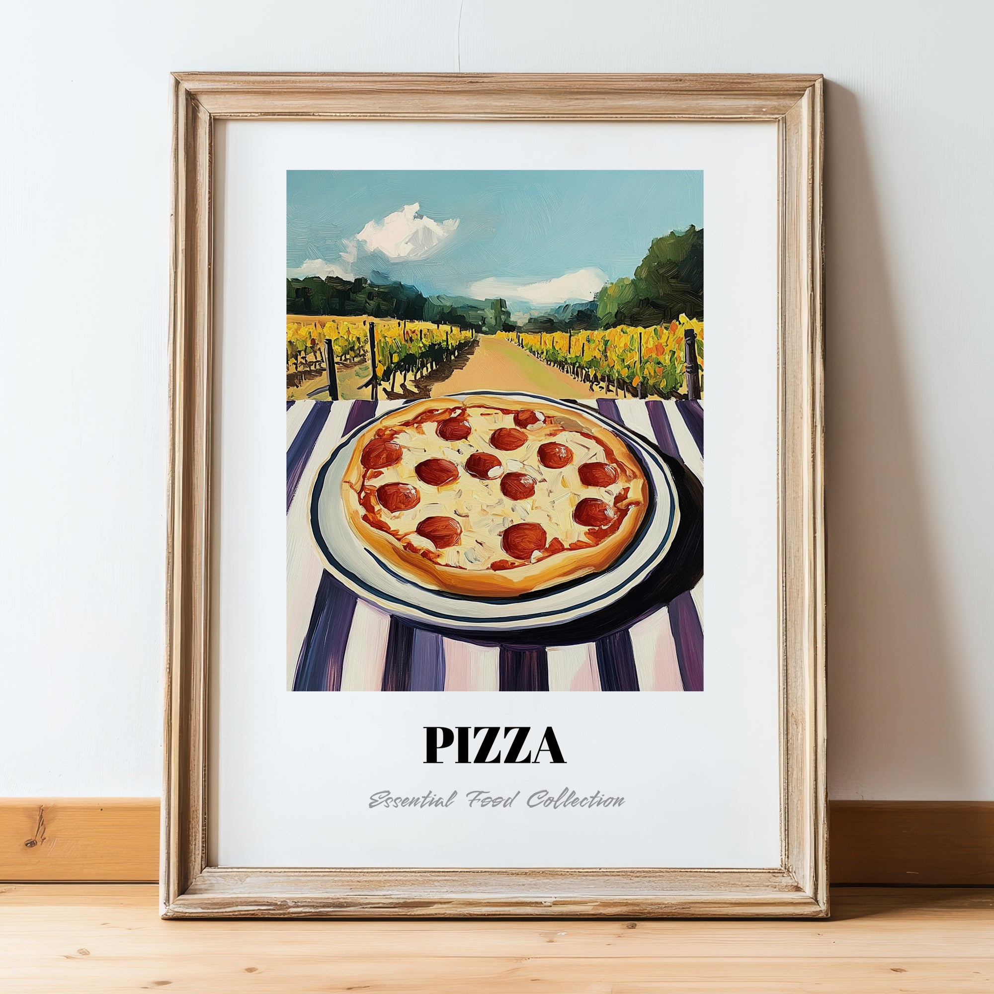 Pizza – Hillside Café View, Italian Pizza Wall Decor, in wooden frame leaning on the floor