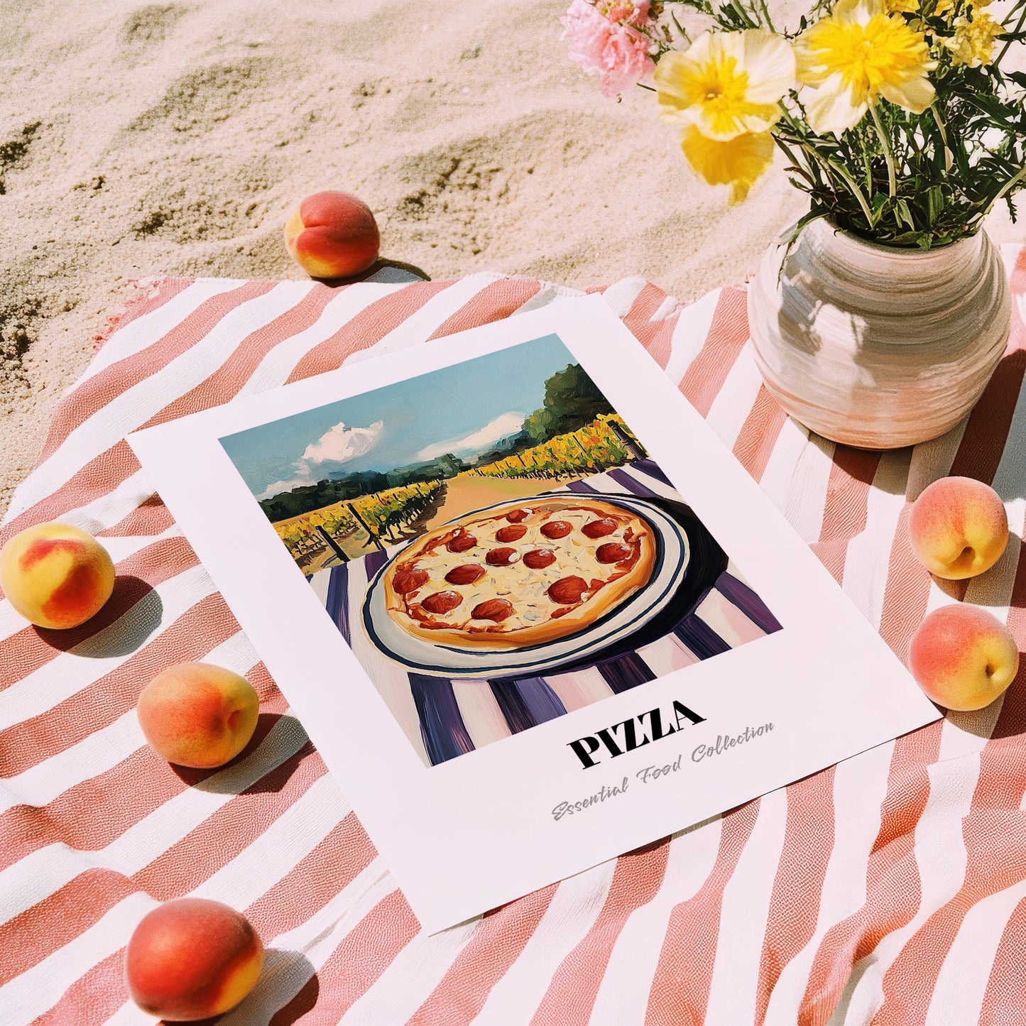Pizza – Hillside Café View, Italian Pizza Wall Decor, unframed on coastal sand