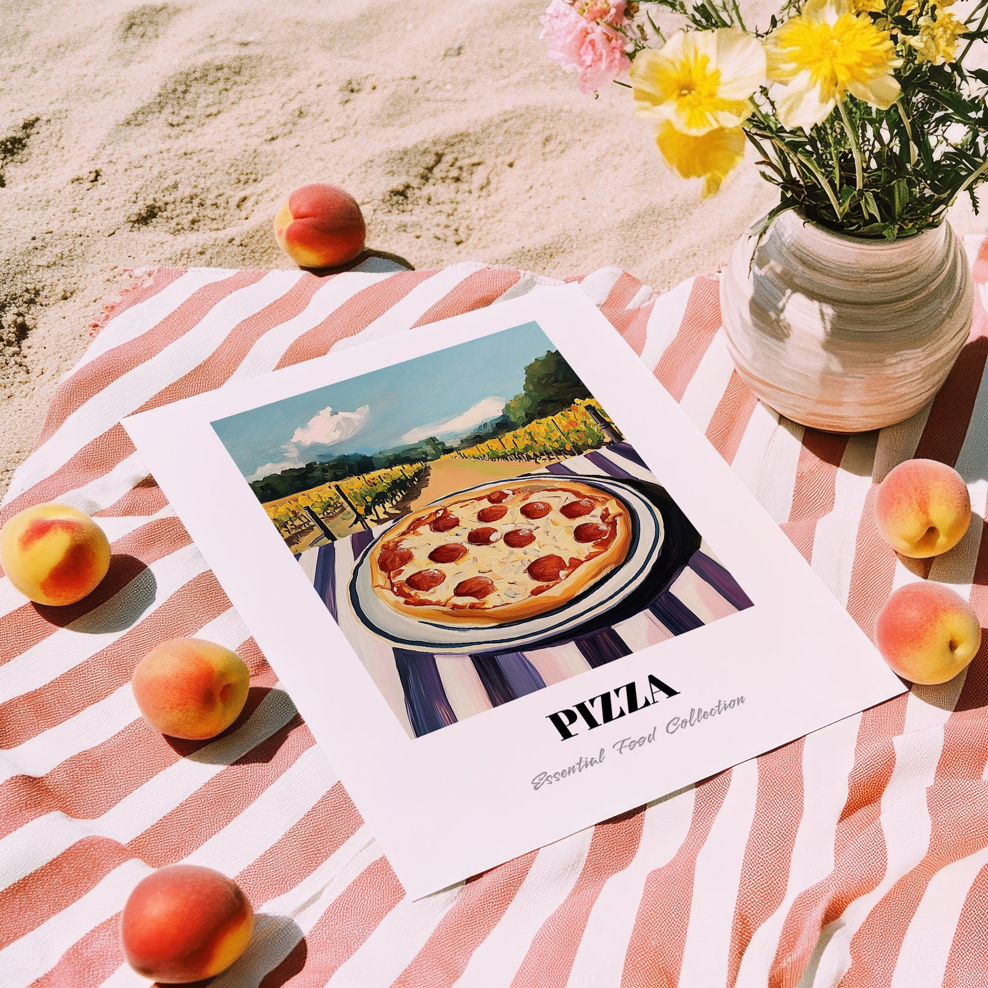 Pizza – Hillside Café View, Italian Pizza Wall Decor, unframed on coastal sand