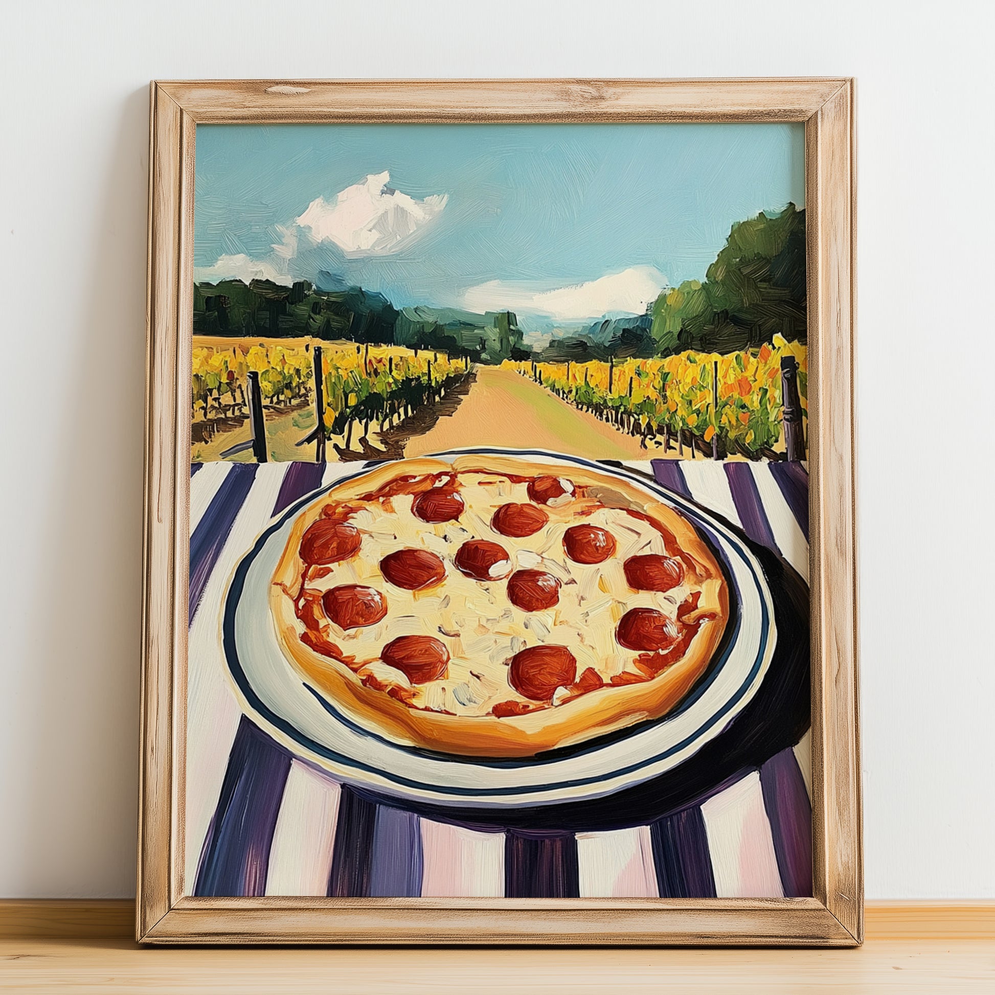 Pizza – Hillside Café View, Italian Pizza Wall Decor, no-text version framed in wood