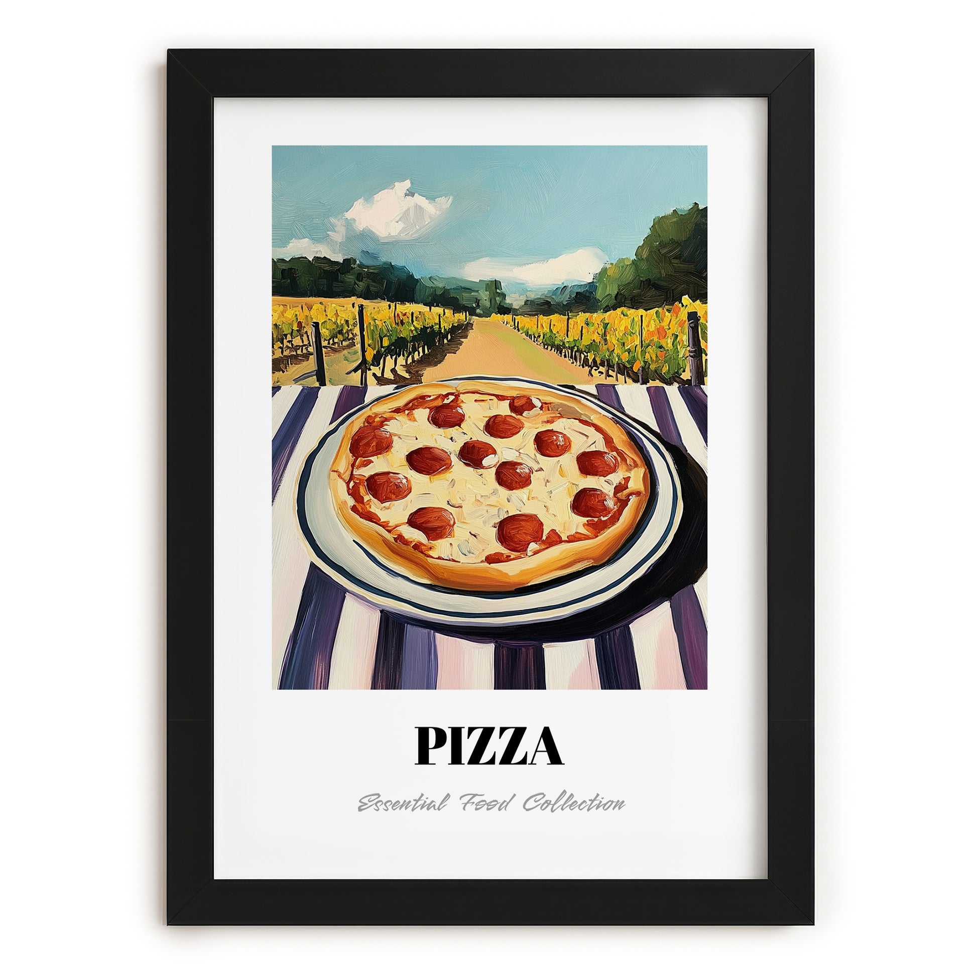 Pizza – Hillside Café View, Italian Pizza Wall Decor, in sleek black frame