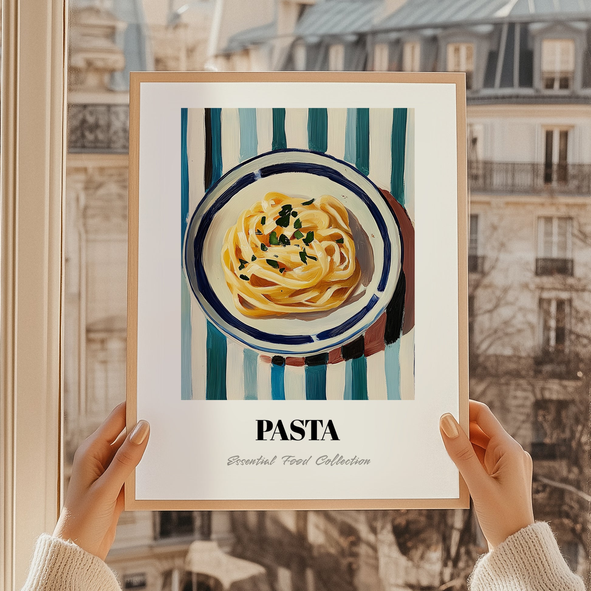 Pasta – on Striped Tablecloth, Italian Pasta Still Life, styled in a charming Paris street view